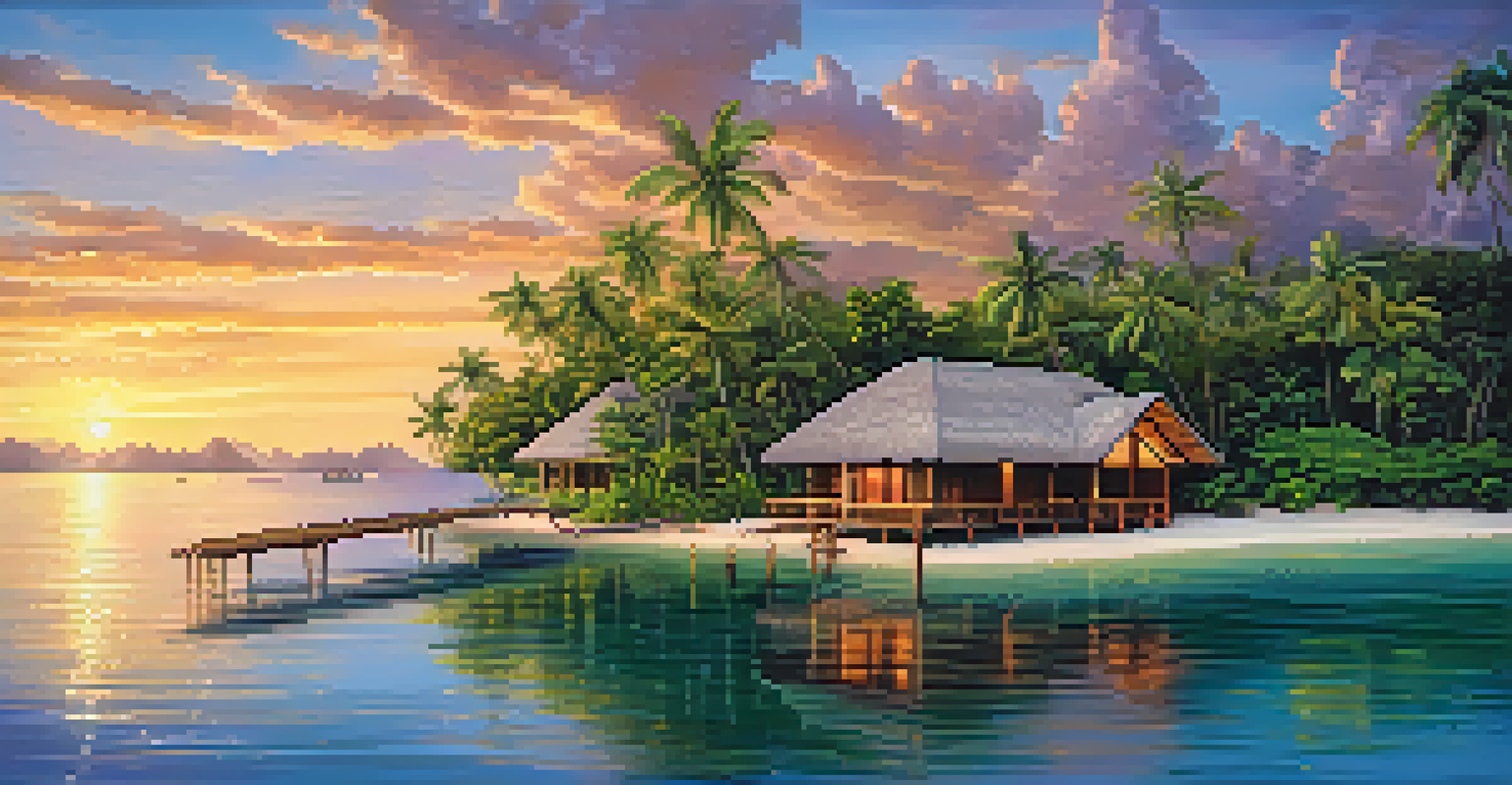 A picturesque overwater bungalow with a thatched roof over clear waters, surrounded by tropical greenery and a sunset sky.
