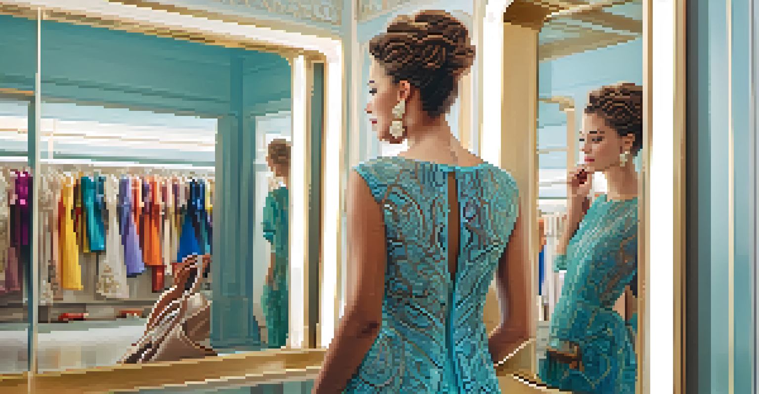 A woman in a fitting room trying on a luxurious designer dress, looking pleased as she admires herself in the mirror.