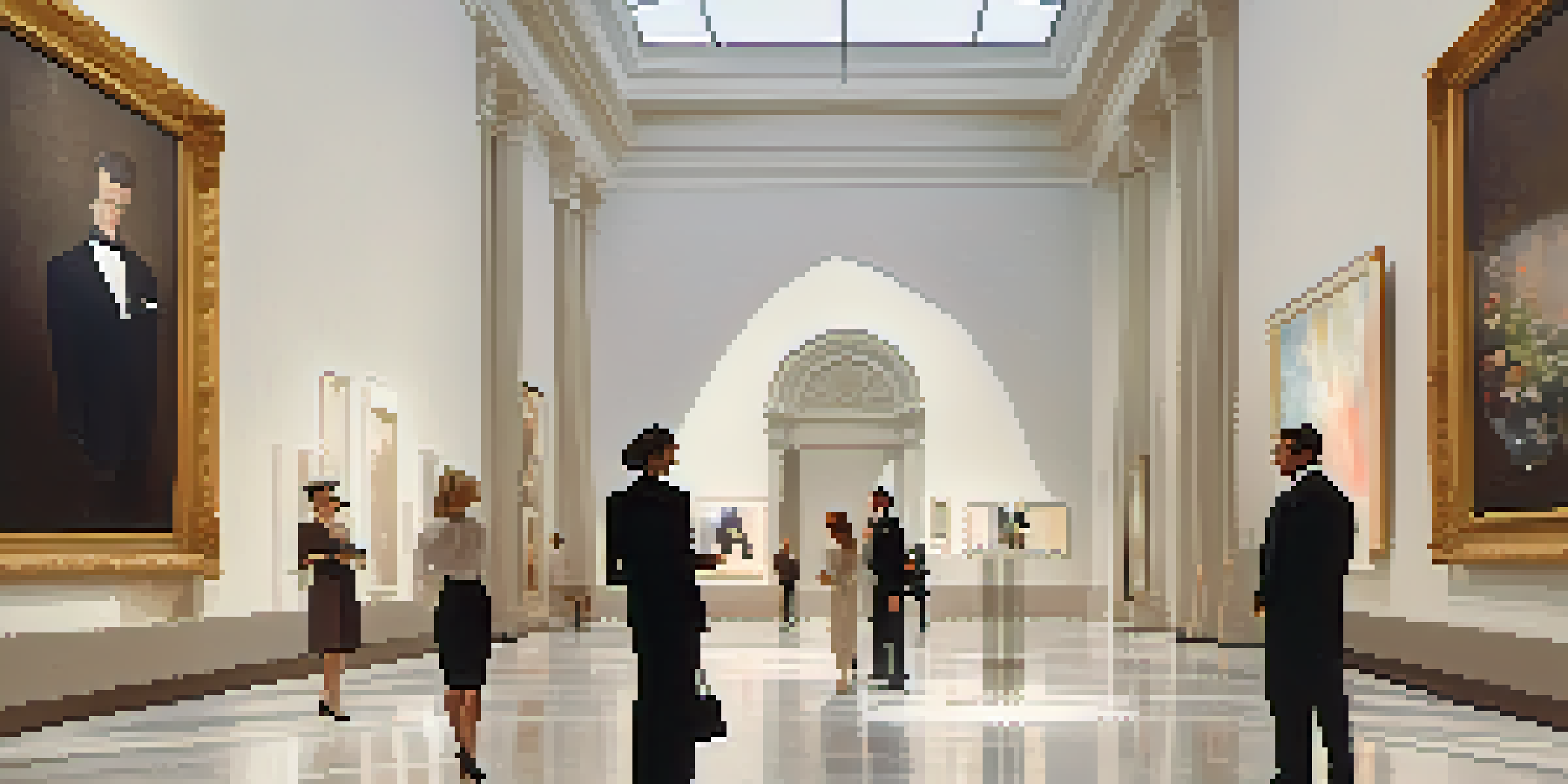 A lavish art gallery with high ceilings, marble floors, and visitors admiring modern art, complemented by soft lighting and a waiter serving champagne.