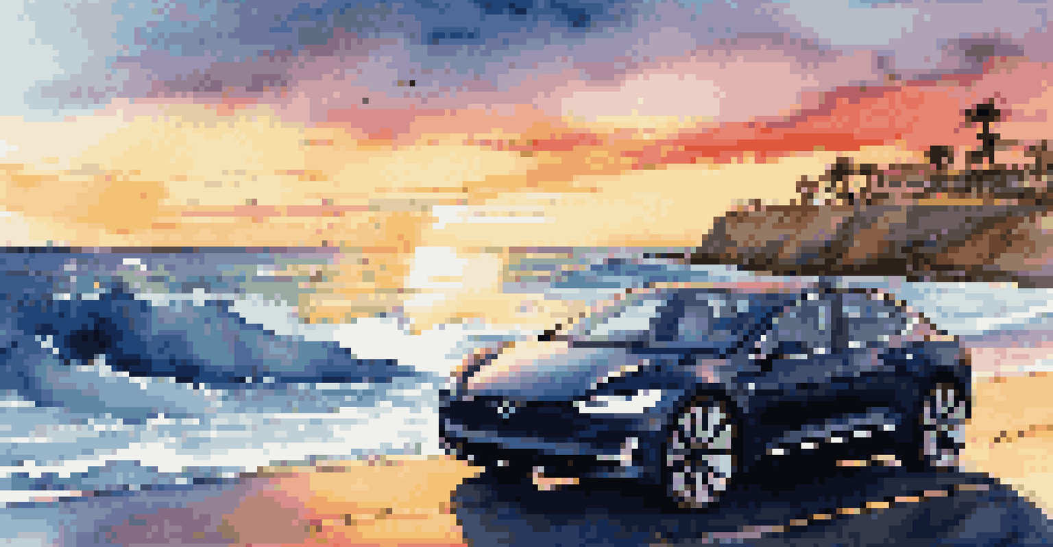 A luxury electric vehicle driving along a coastal highway during sunset with waves in the background.