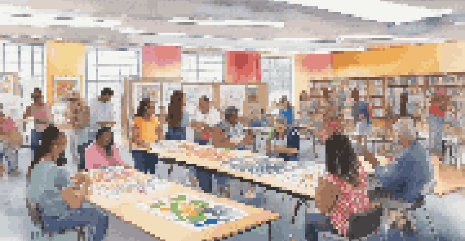 A vibrant community workshop in a library, with diverse participants engaging in art activities under the guidance of a local artist.