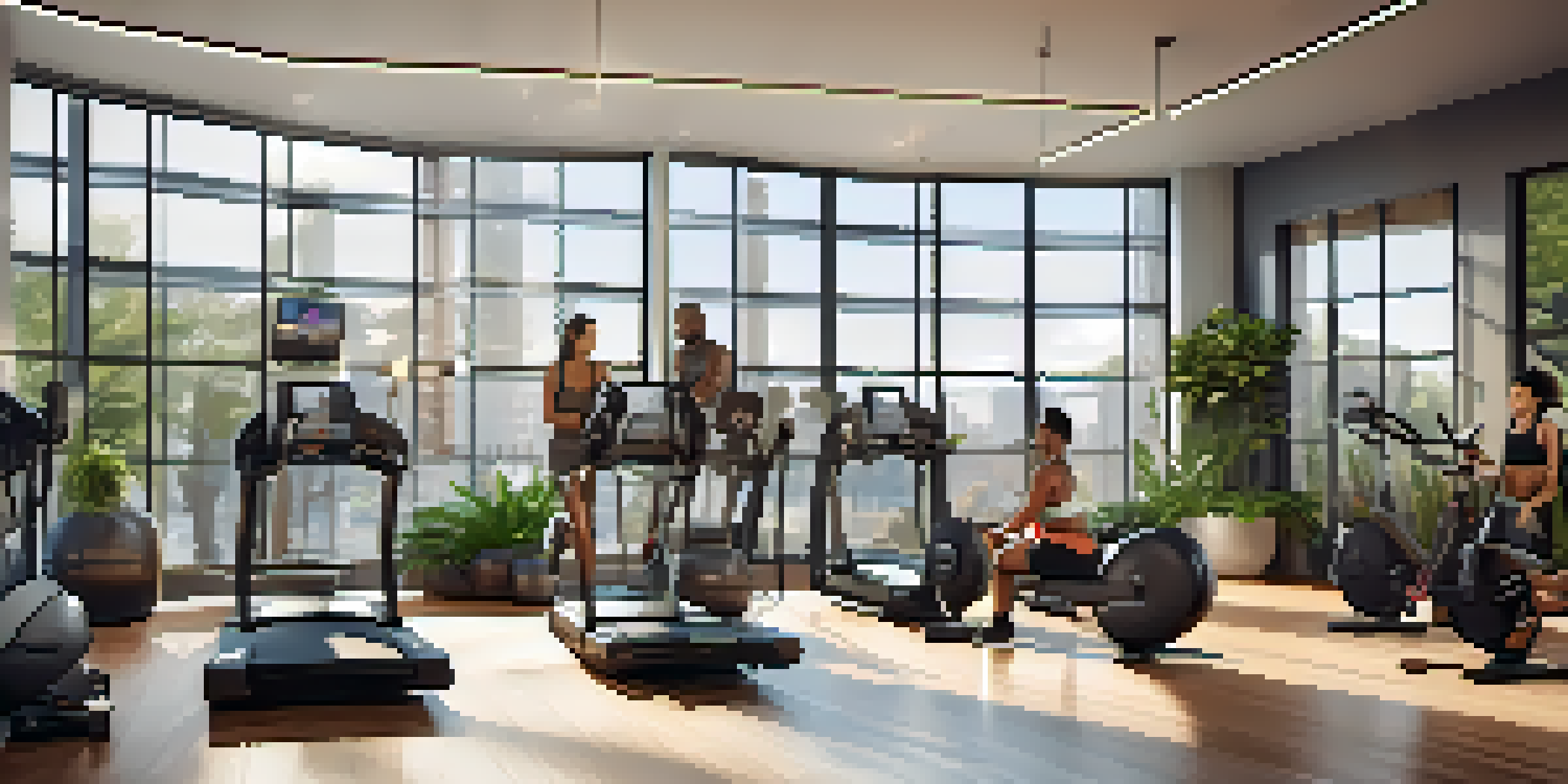 A diverse group of individuals participating in a group exercise class in a luxury fitness space, surrounded by modern decor and greenery, exuding a sense of community.