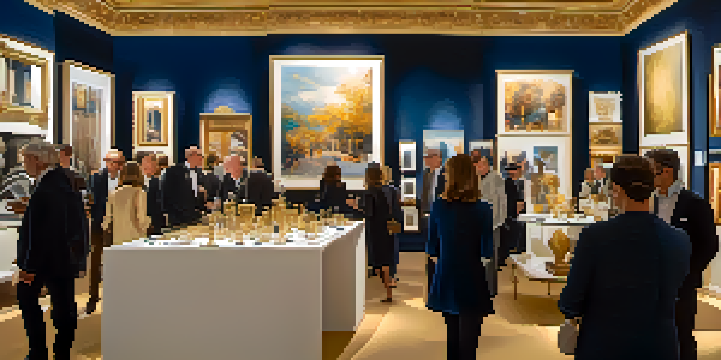A bustling luxury art fair with colorful artworks on display and people interacting in an elegant venue.