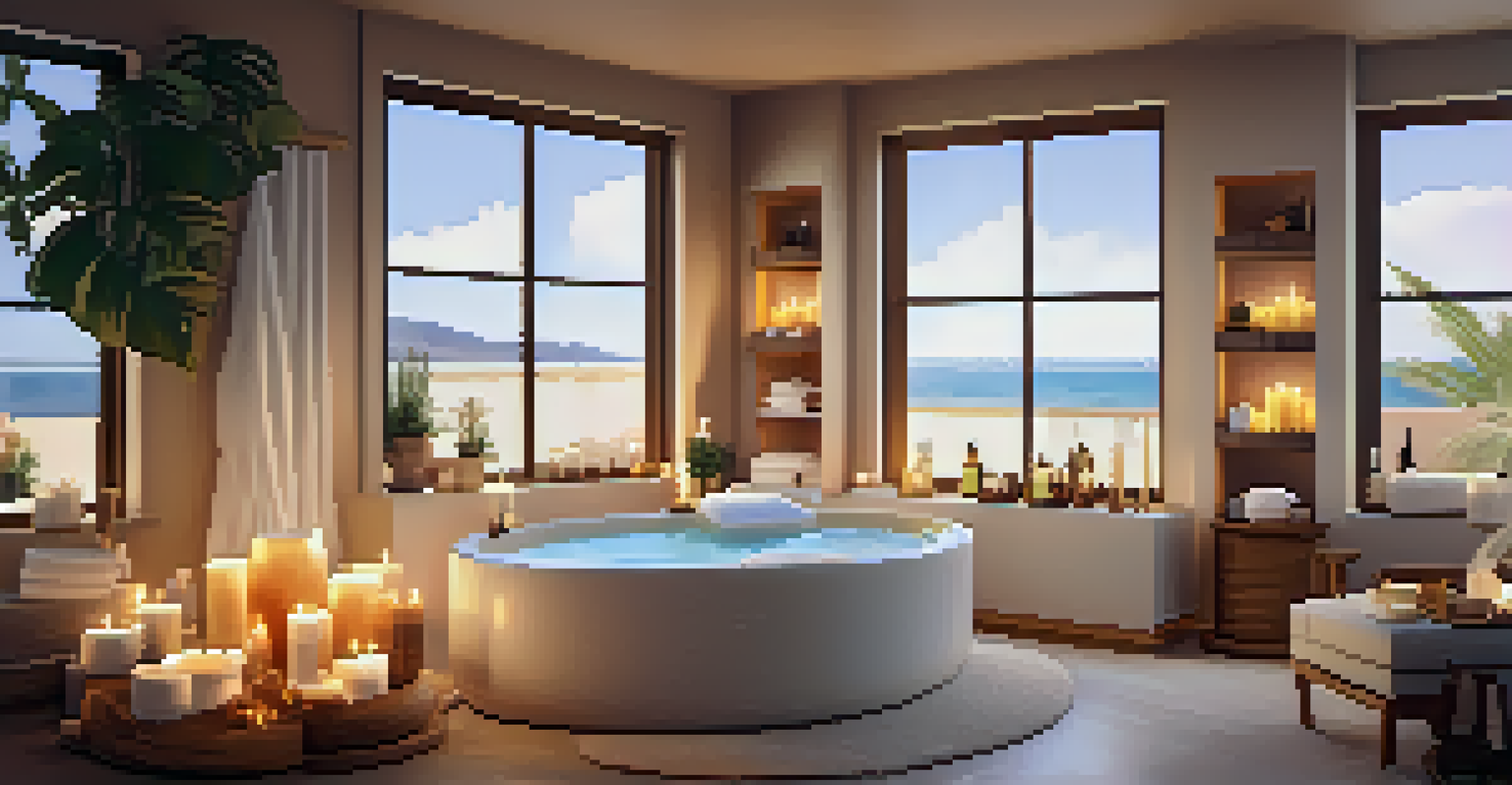 An inviting bathroom setup with a bathtub filled with bath oils, candles, and a DIY facial kit for a cozy at-home spa experience.