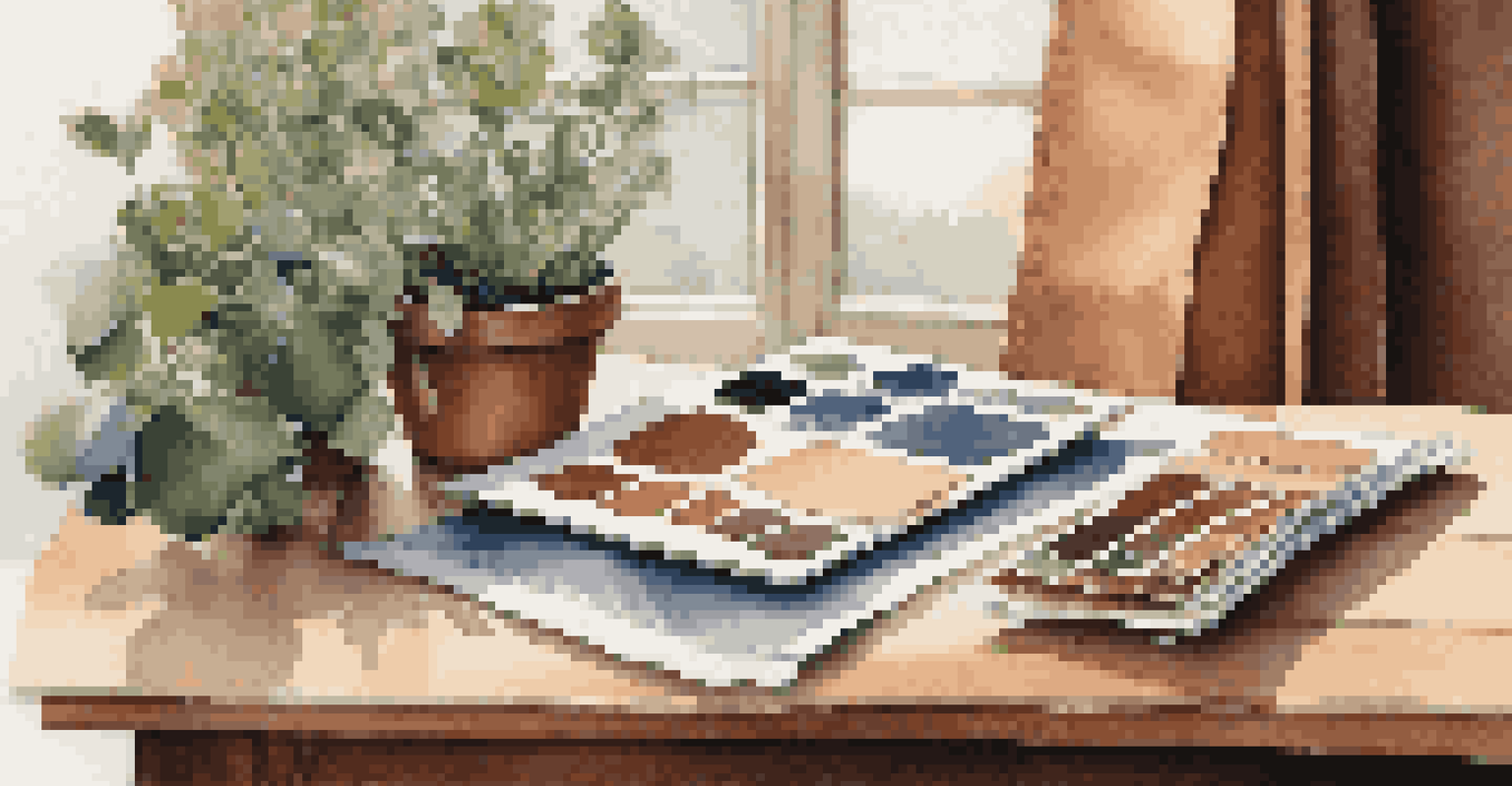Close-up of vegan leather and recycled fabric swatches on a wooden table with natural light.