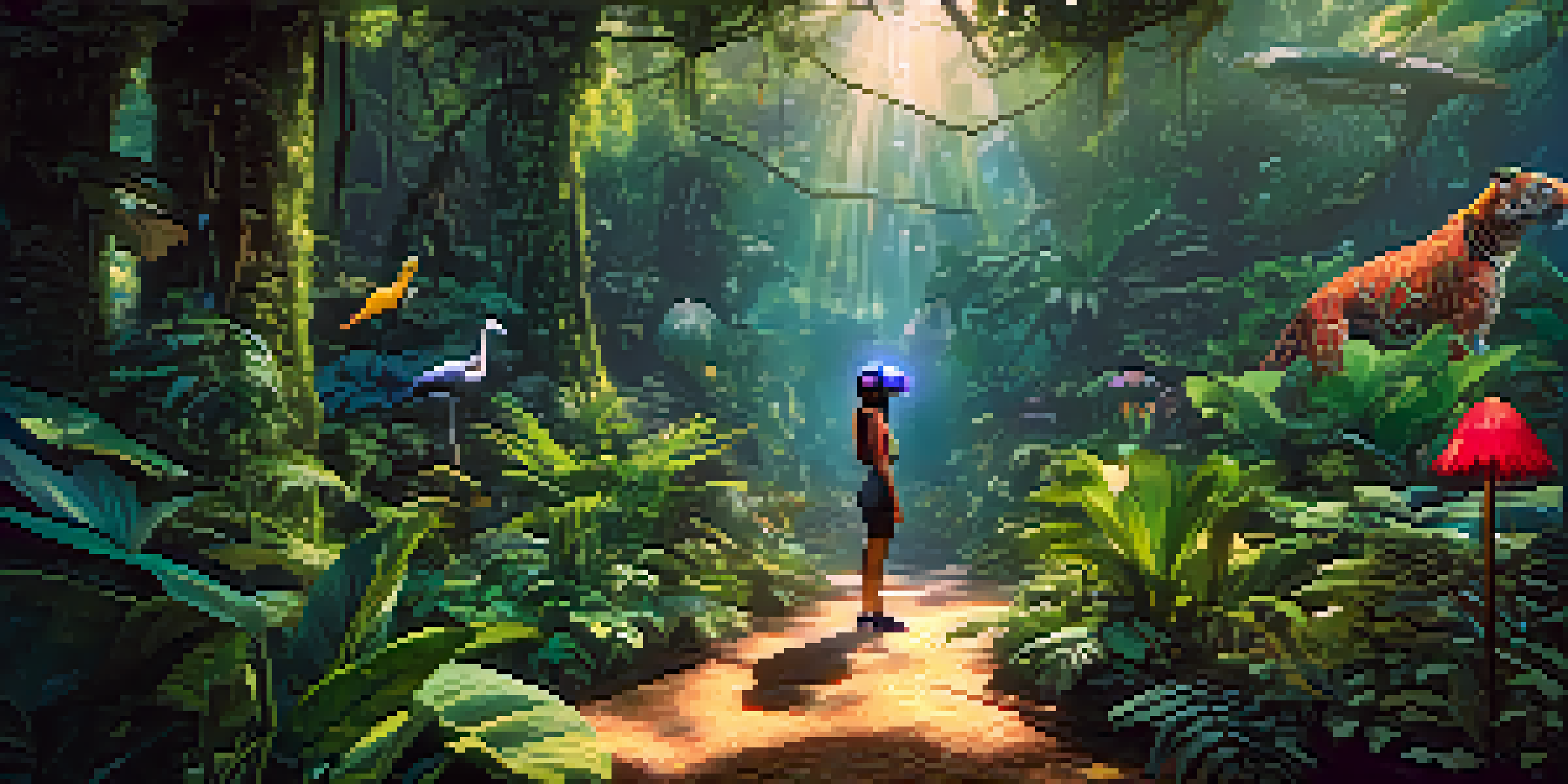 A person in a VR headset interacting with a colorful virtual jungle filled with green plants and flowers, with sunlight filtering through the trees.