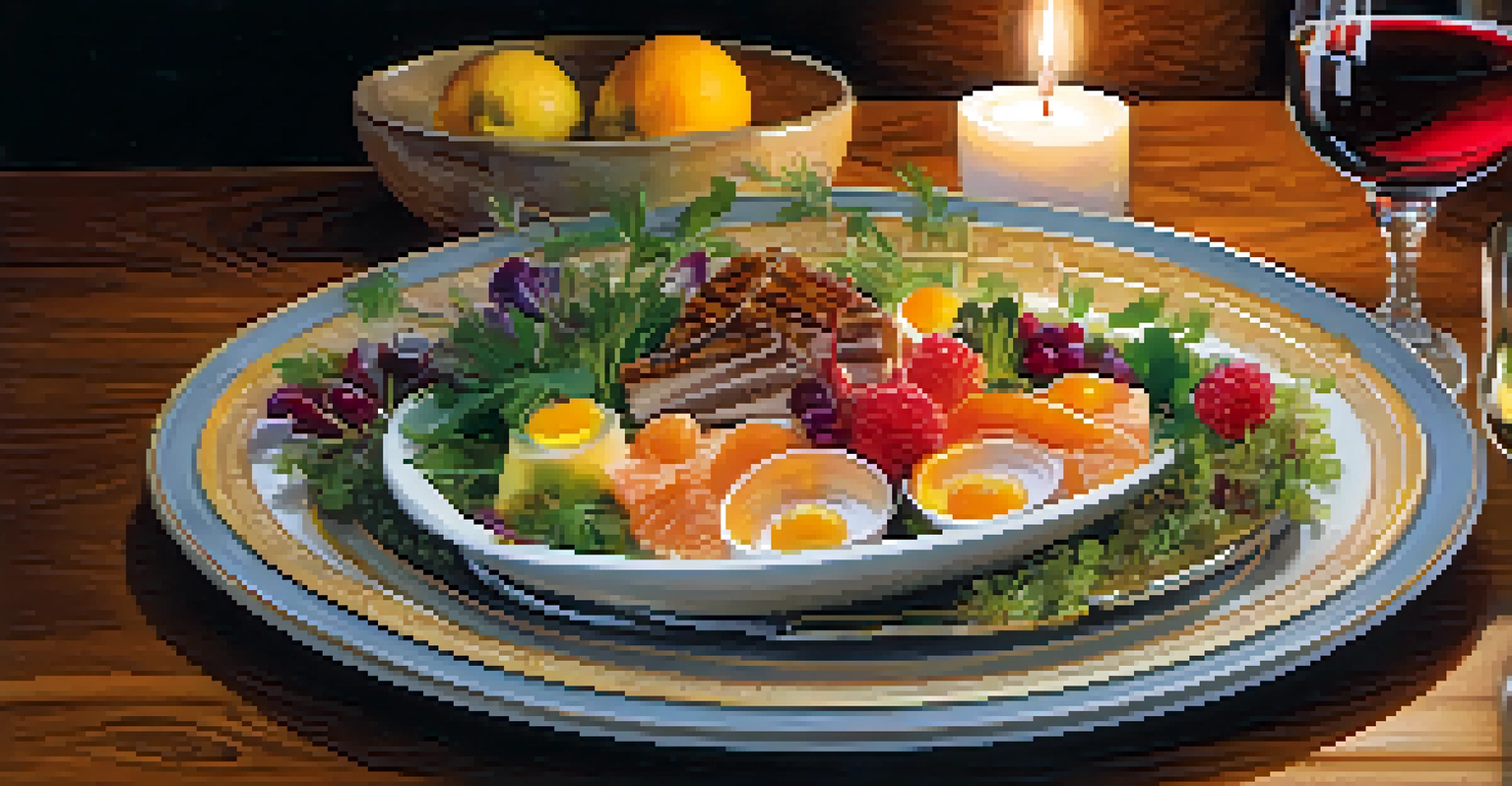 A close-up of a gourmet dish with vibrant colors and intricate plating, accompanied by a glass of fine wine on a rustic wooden table.