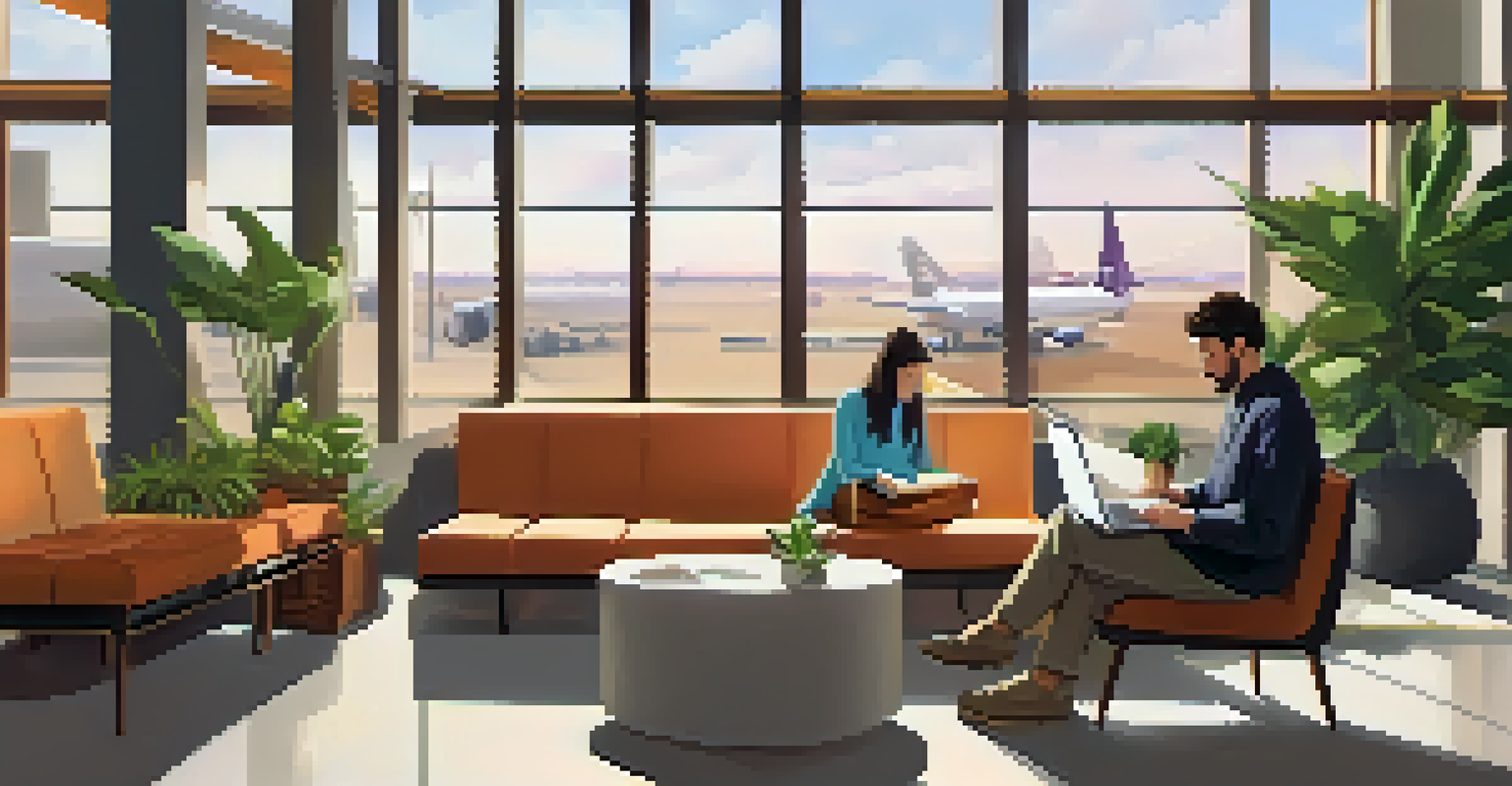 A quiet corner of an airport lounge featuring cozy seating, plants, and a traveler working on a laptop.