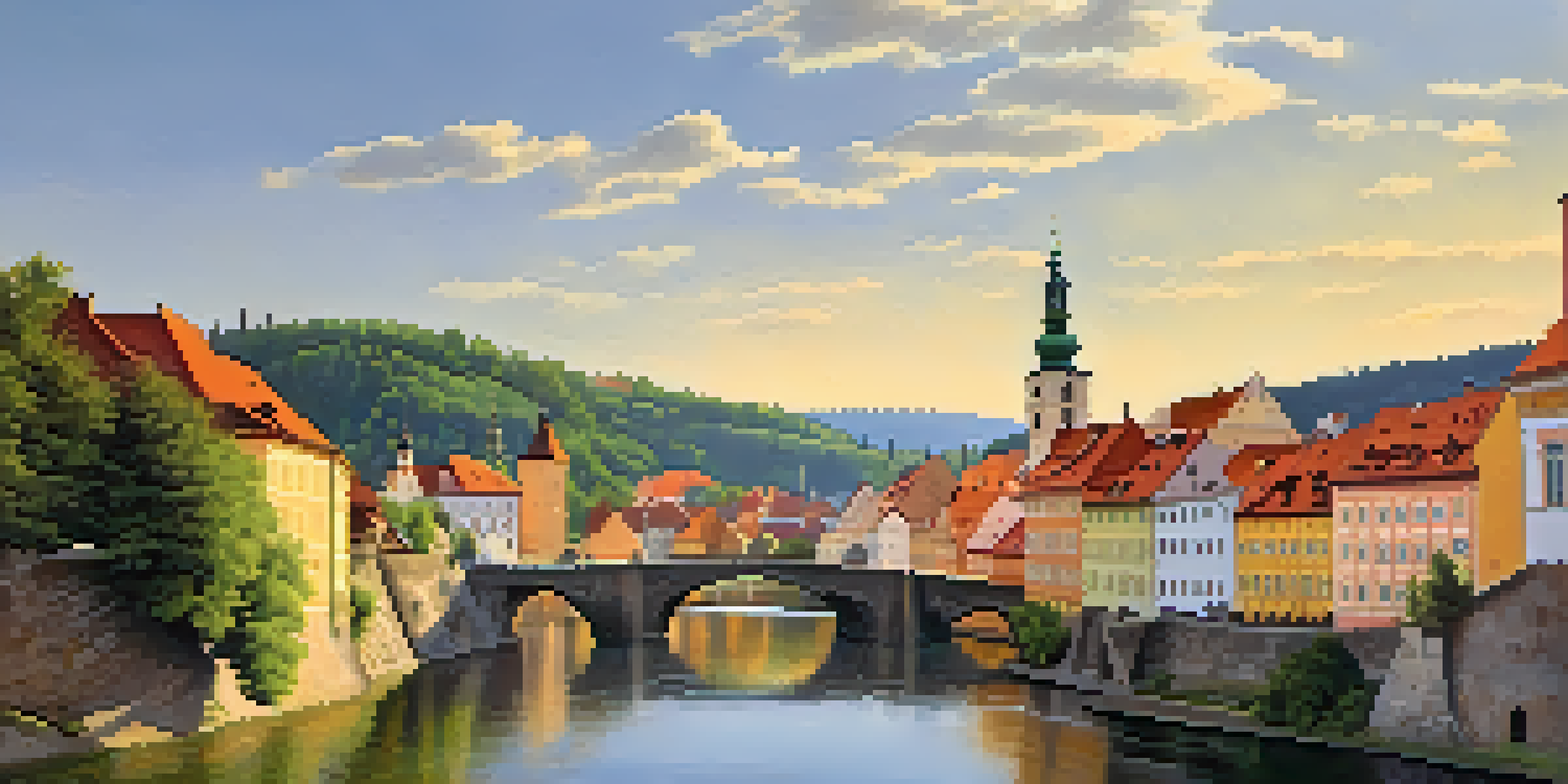 A view of the medieval town of Český Krumlov with cobblestone streets and a river under warm sunlight.