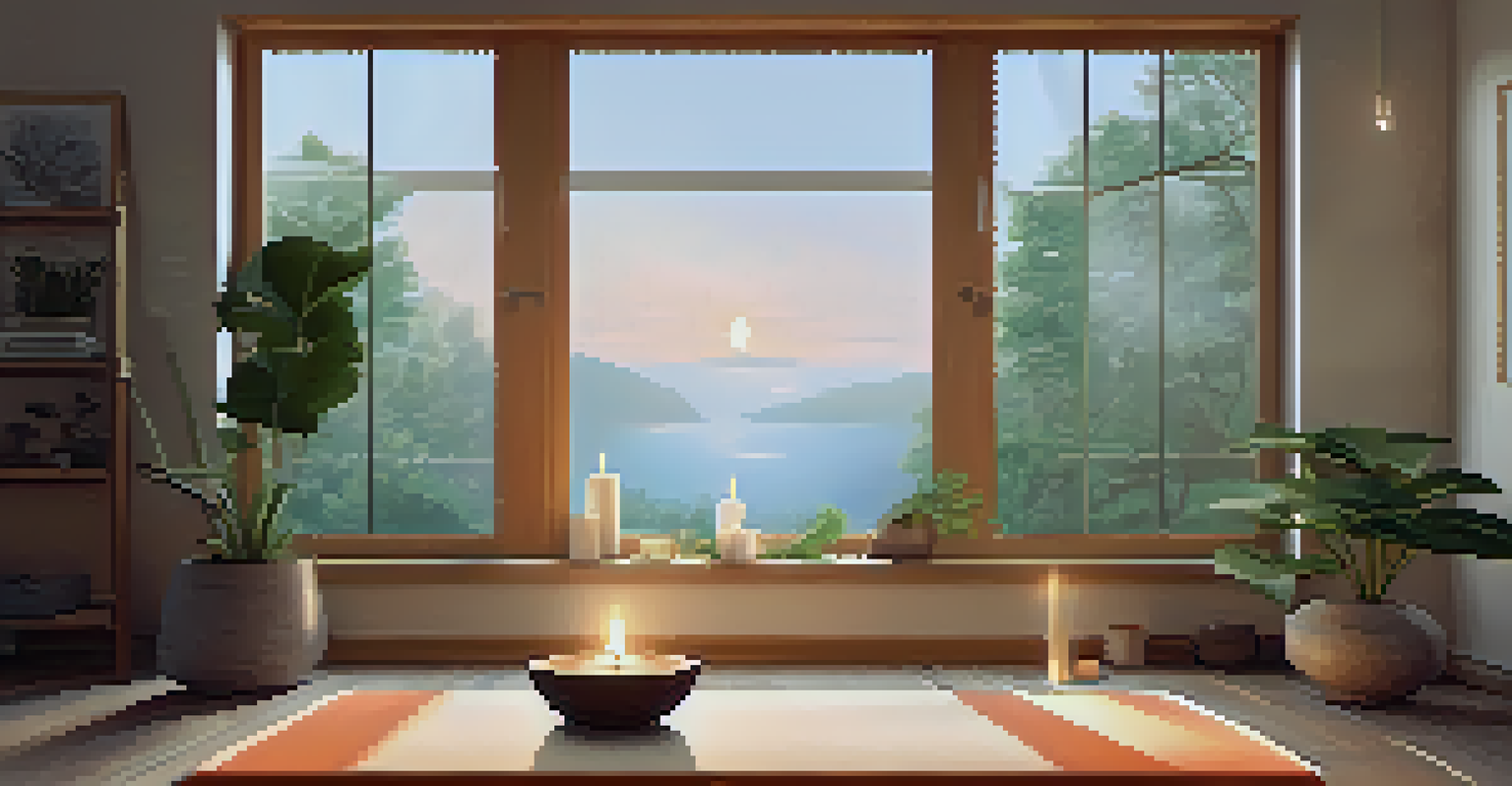 A cozy meditation space at home with a yoga mat, candles, and a sound bowl, illuminated by warm lighting.