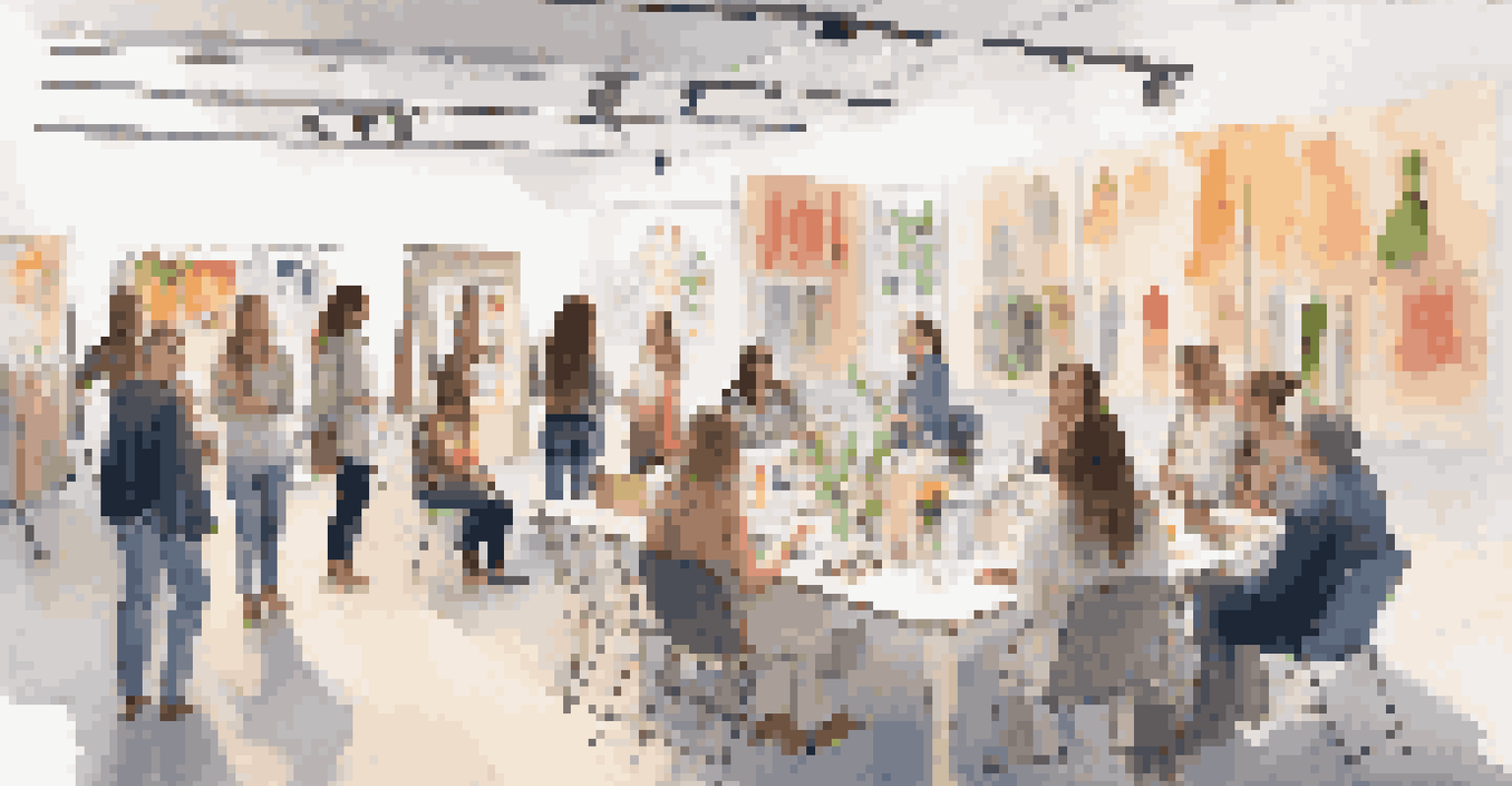 A workshop at a fashion event, with participants discussing sustainable practices and surrounded by eco-friendly materials.