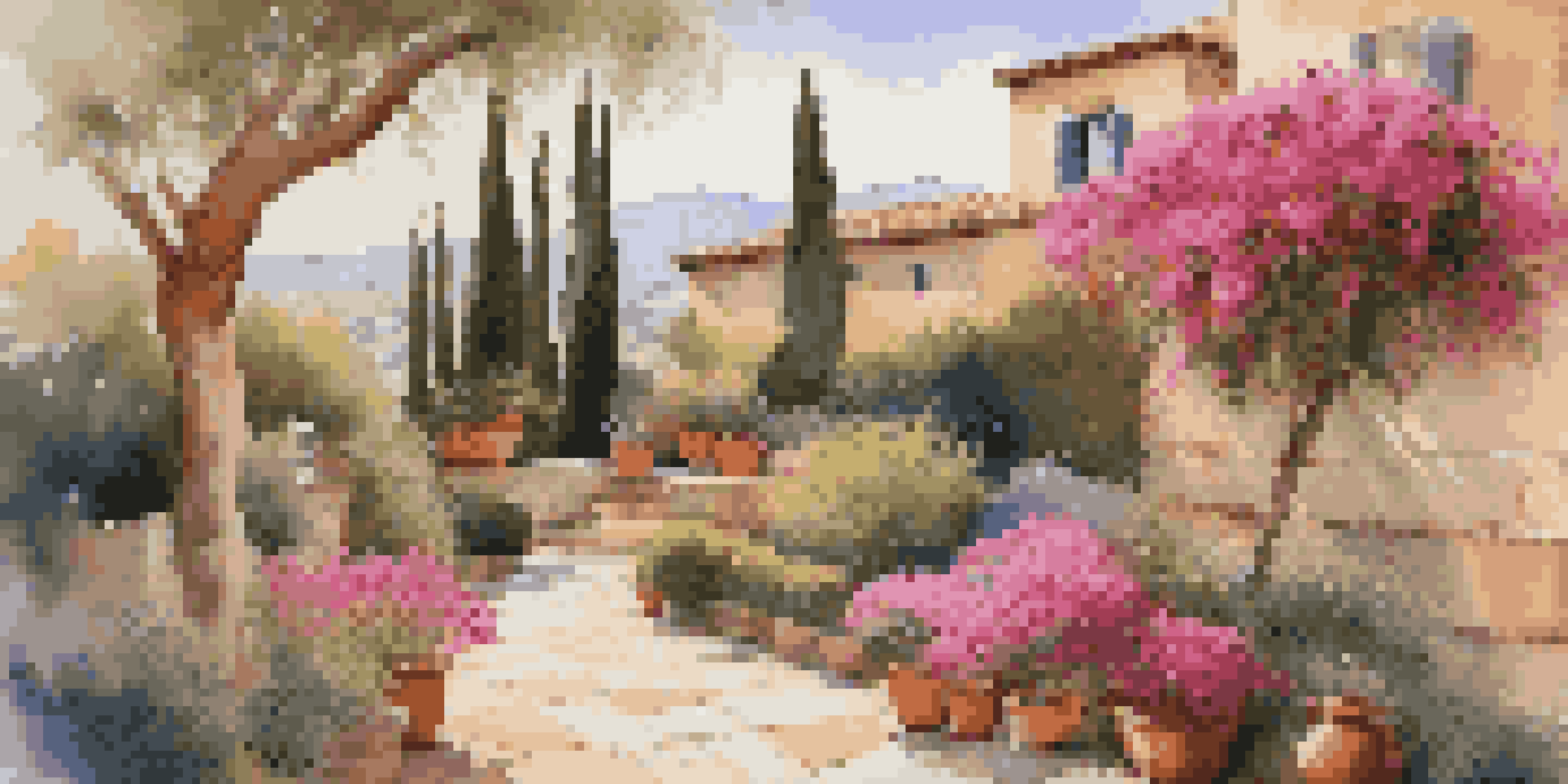 A vibrant Mediterranean garden filled with colorful flowering plants, terracotta pots, and olive trees under warm sunlight.