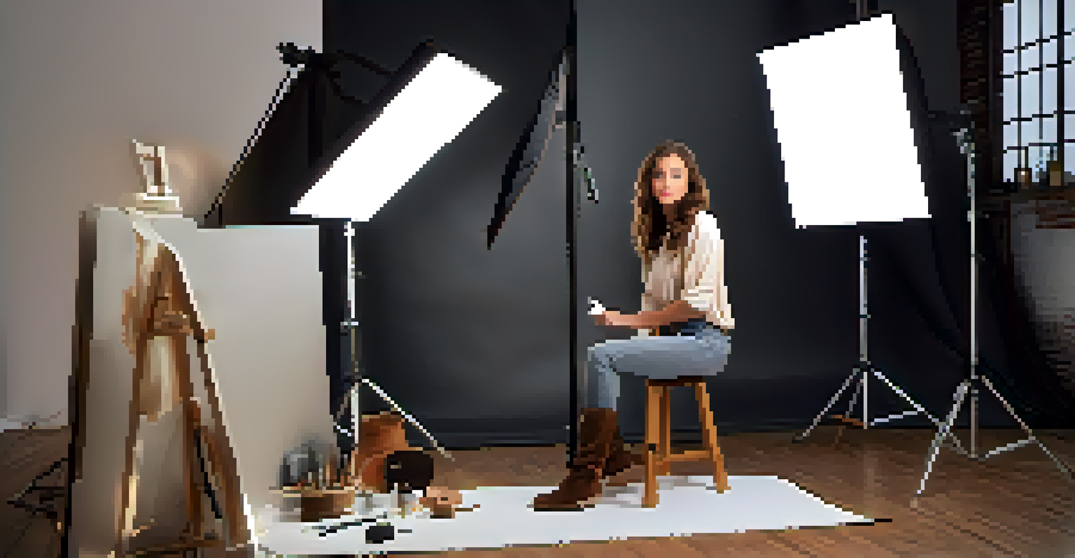 A photographer setting up studio lighting for a portrait, with a model posing in the background.