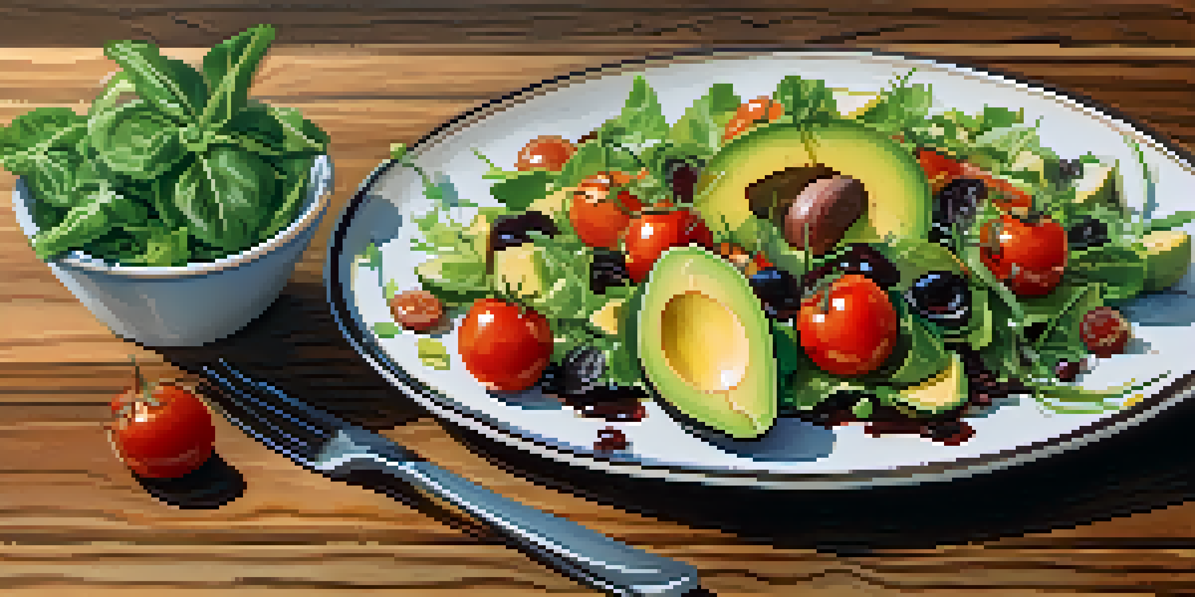 A colorful summer salad with greens, cherry tomatoes, and avocado on a rustic wooden table, illuminated by sunlight.