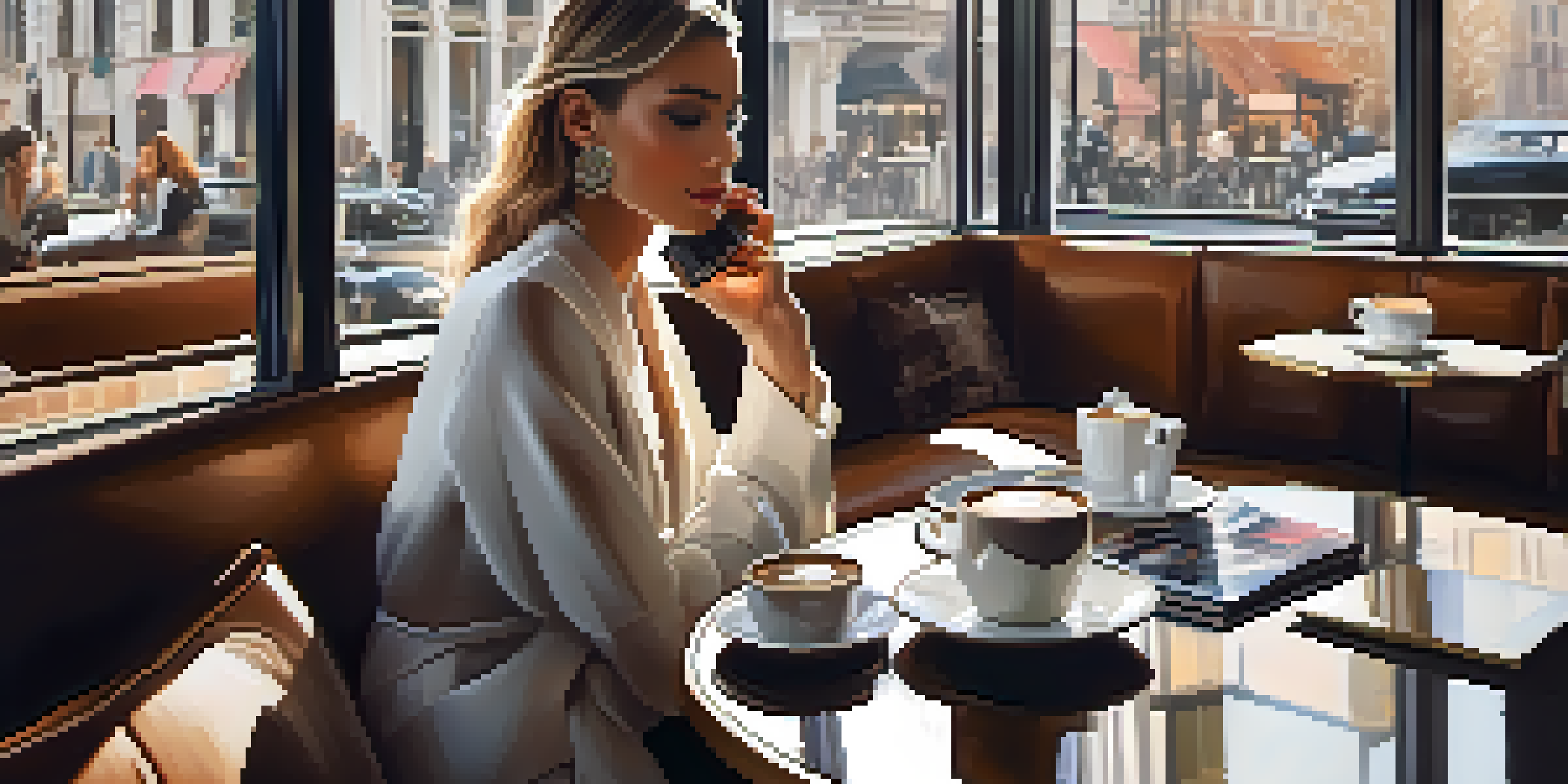 A fashionable woman in a stylish café, enjoying coffee and reading fashion magazines.
