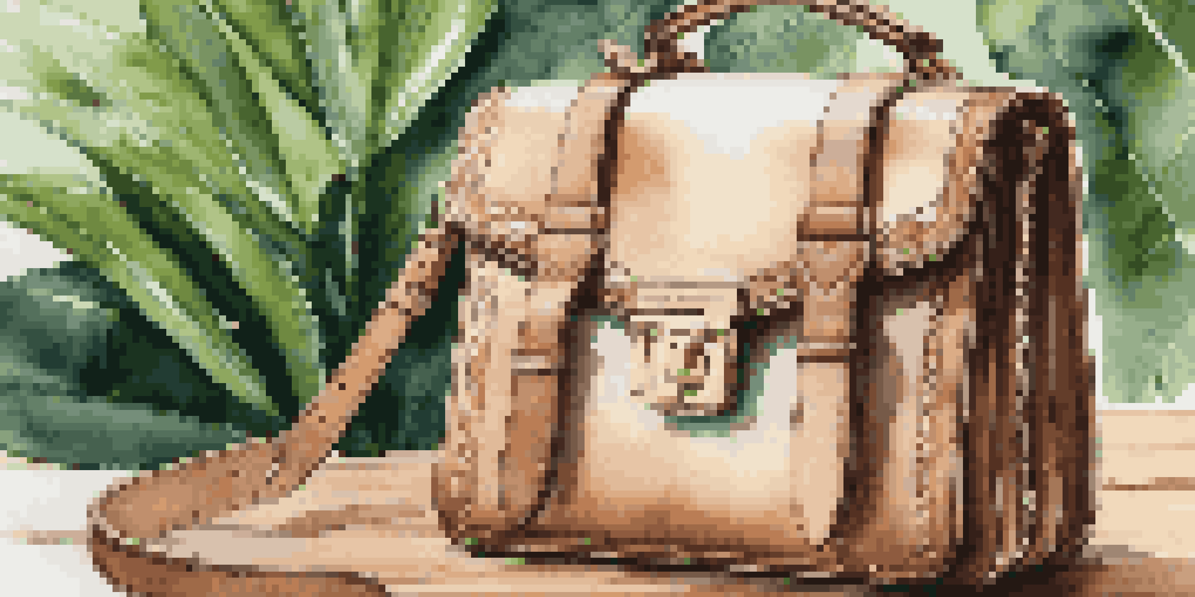 A luxurious handbag made from sustainable materials on a wooden table with green plants around it.