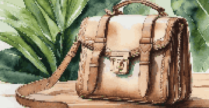 A luxurious handbag made from sustainable materials on a wooden table with green plants around it.