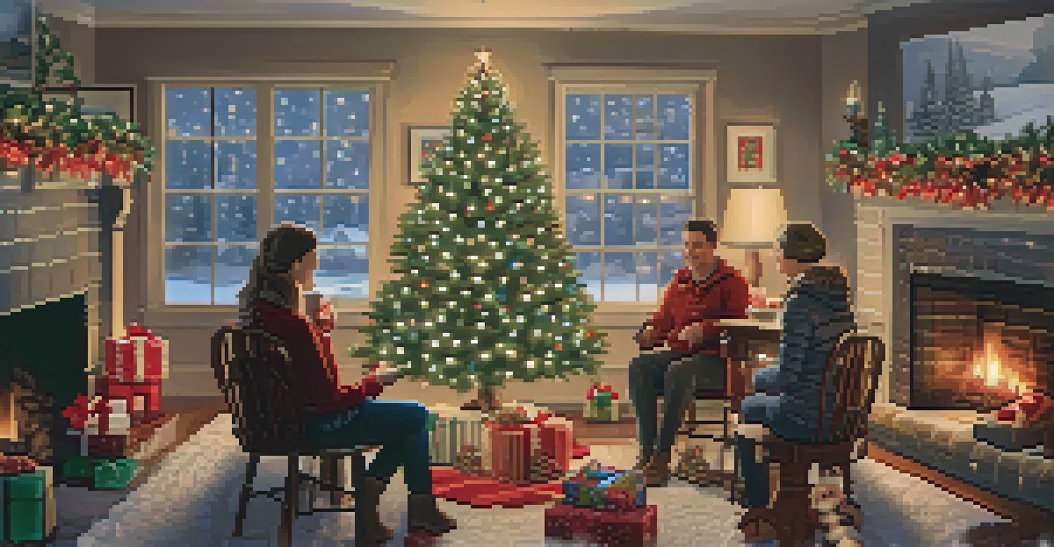A cozy winter gathering with a fireplace, a Christmas tree, and guests enjoying hot cocoa and festive treats.