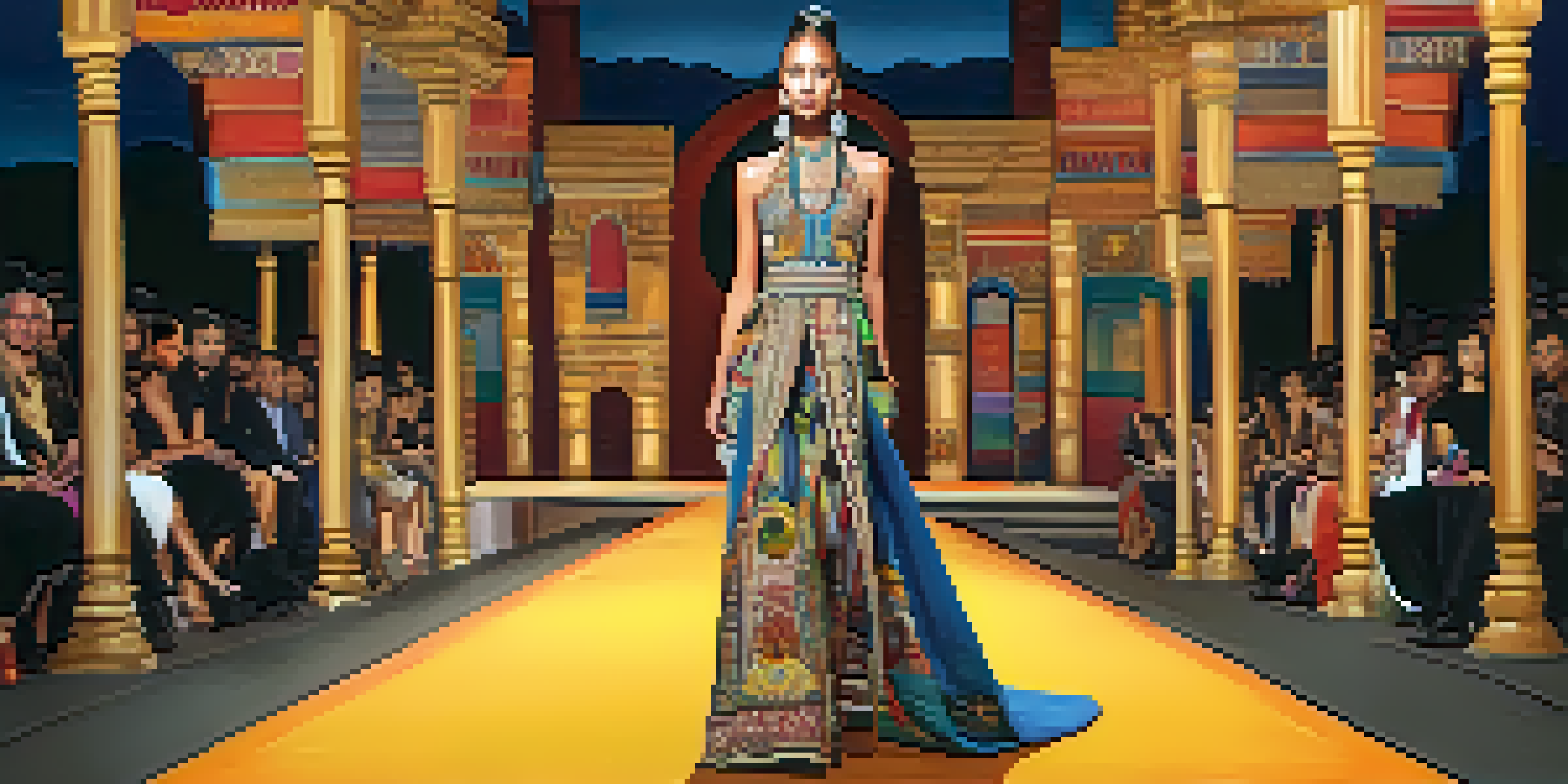 A fashion runway featuring models in culturally inspired clothing, surrounded by an engaged audience, all under warm lighting.