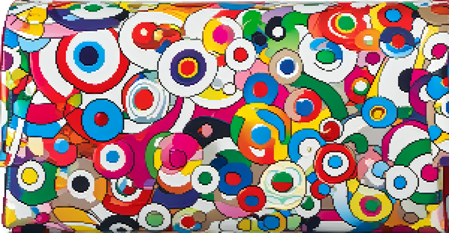 A colorful handbag designed by Takashi Murakami with a Monogram Multicolore pattern, displayed against a white background.