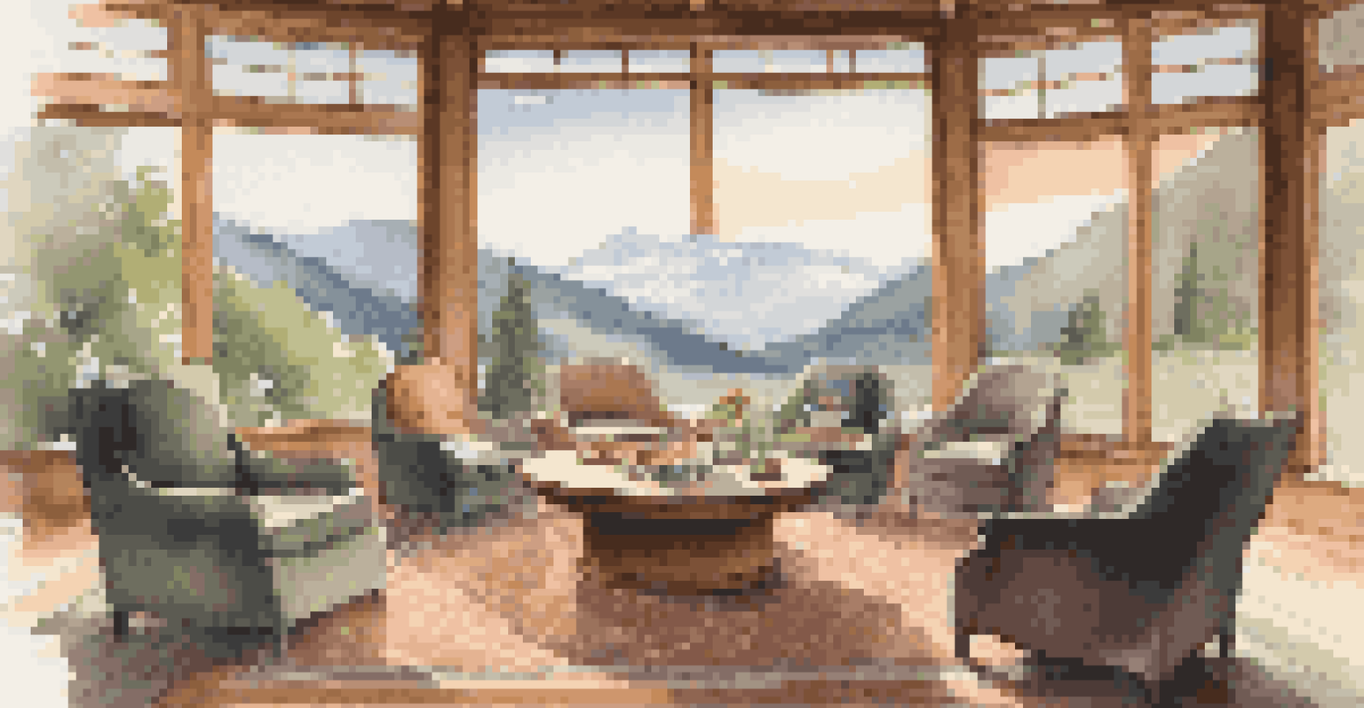 A warm and inviting indoor retreat space with circular seating and refreshments, overlooking a mountain view.
