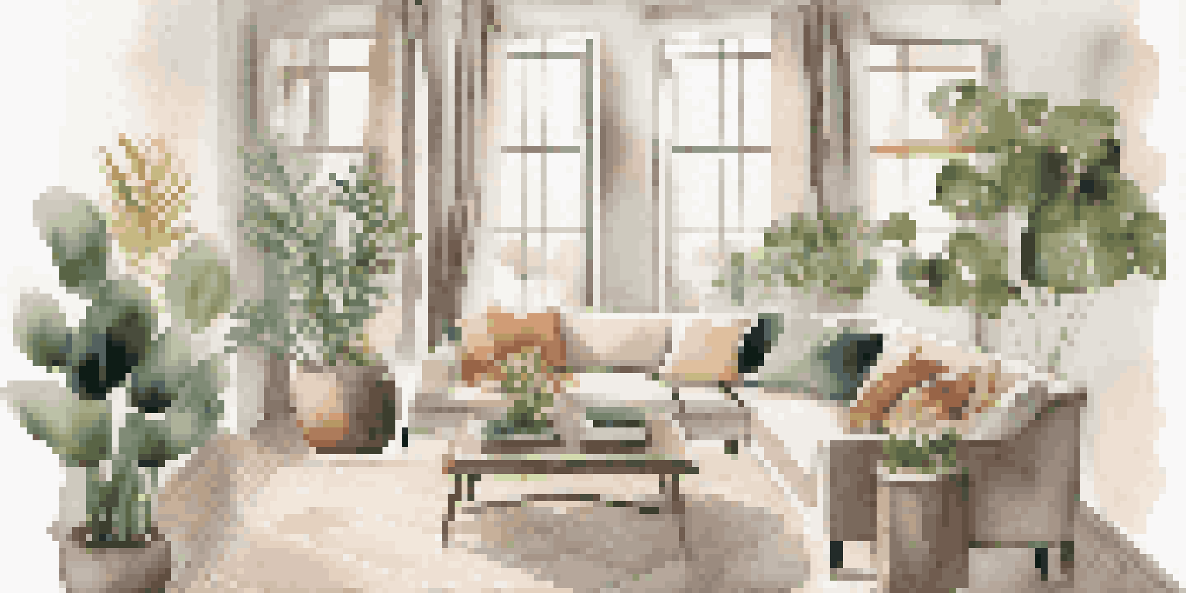 A cozy living room with modern decor, featuring a plush sofa and indoor plants, illuminated by soft natural light.