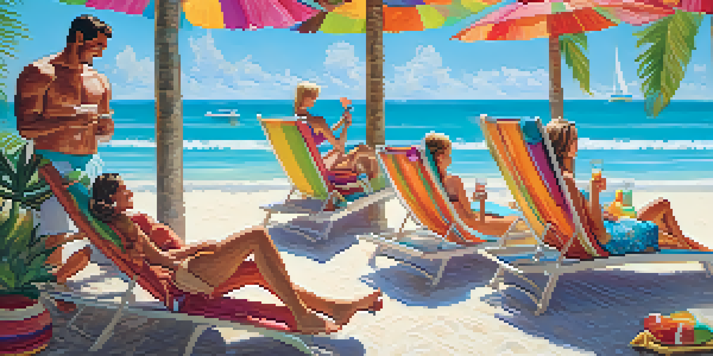 A family enjoying a luxurious beach vacation, relaxing under umbrellas with the ocean in the background.