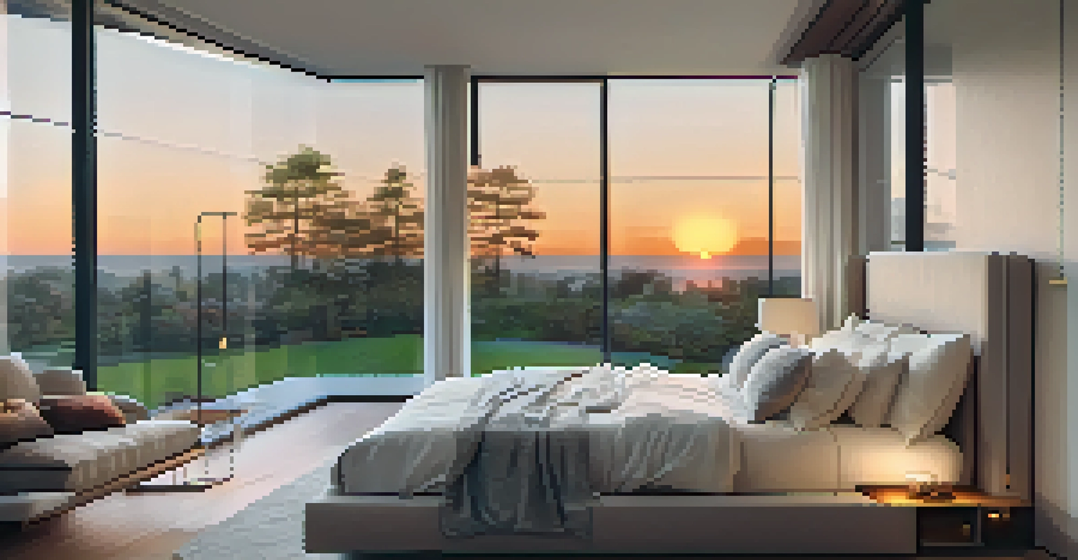 A serene bedroom with smart home features, emphasizing comfort and modern design.