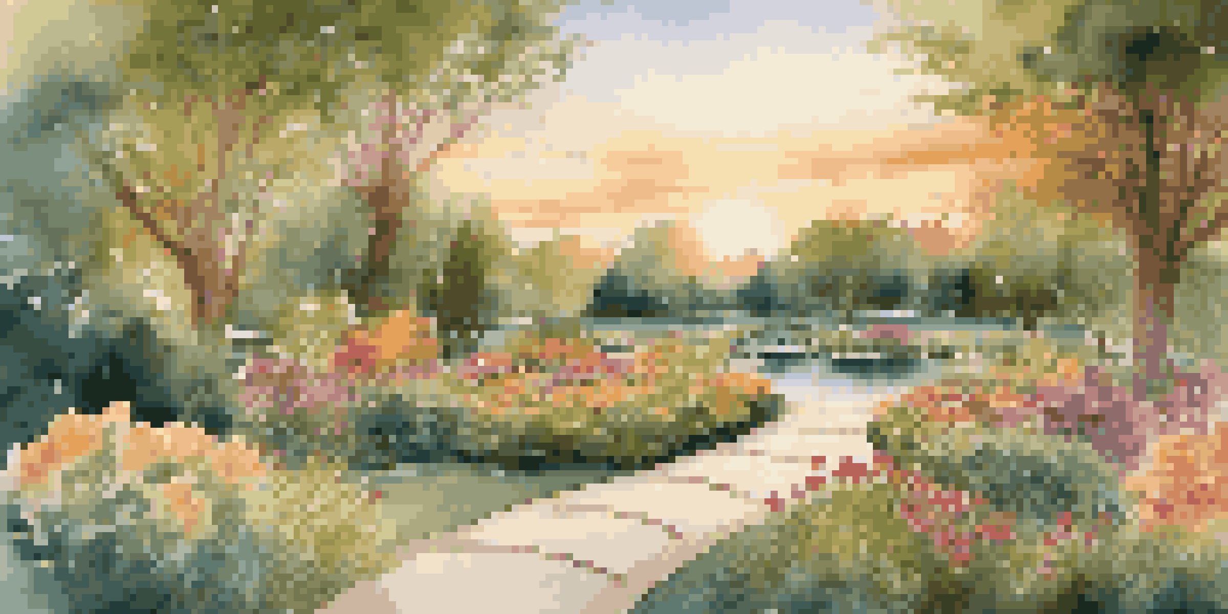 A peaceful luxury garden at sunset, with a person practicing mindfulness amidst vibrant flowers and greenery.