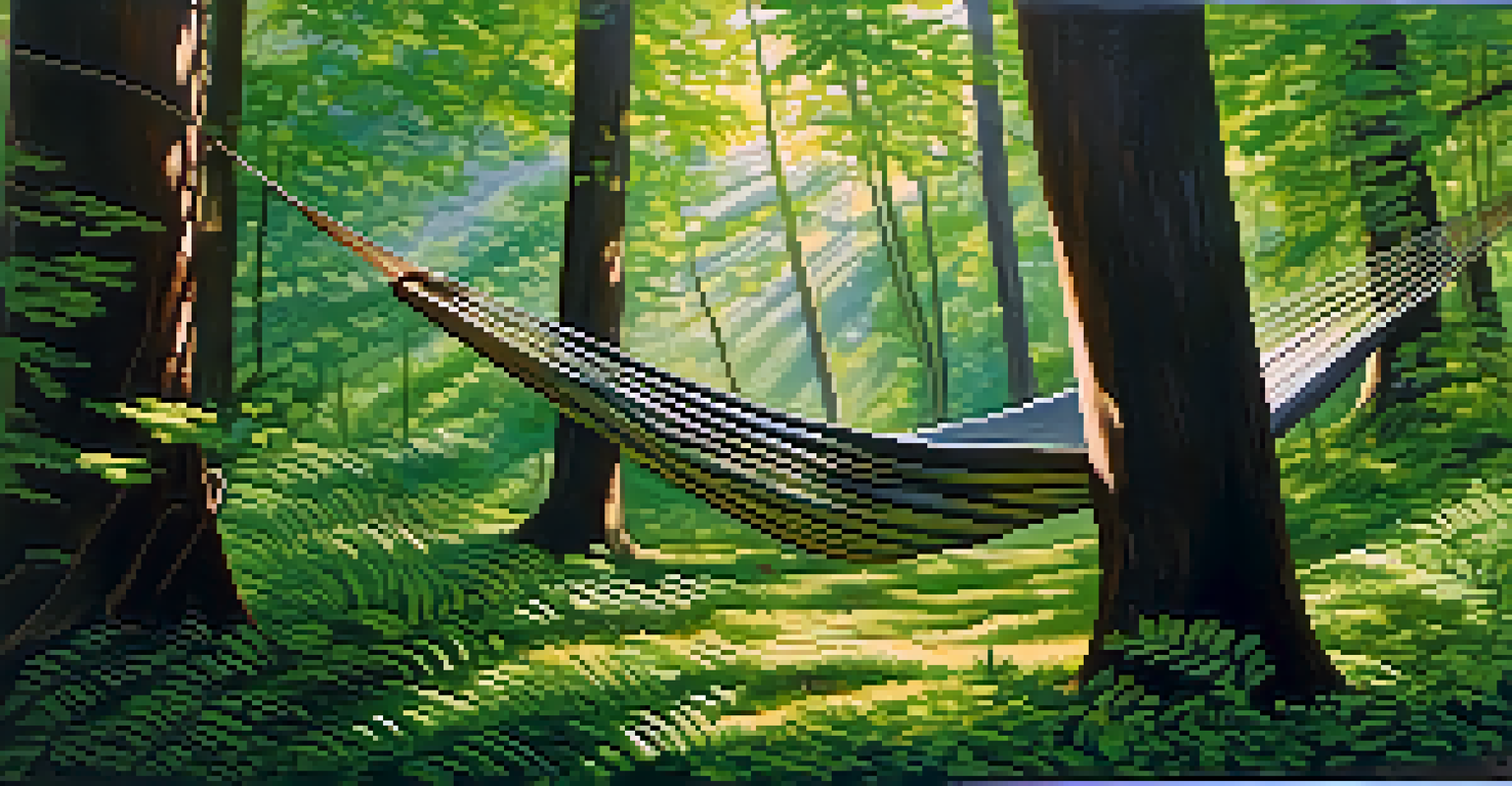 A hammock between two trees in a green forest, with sunlight filtering through the leaves, conveying tranquility.