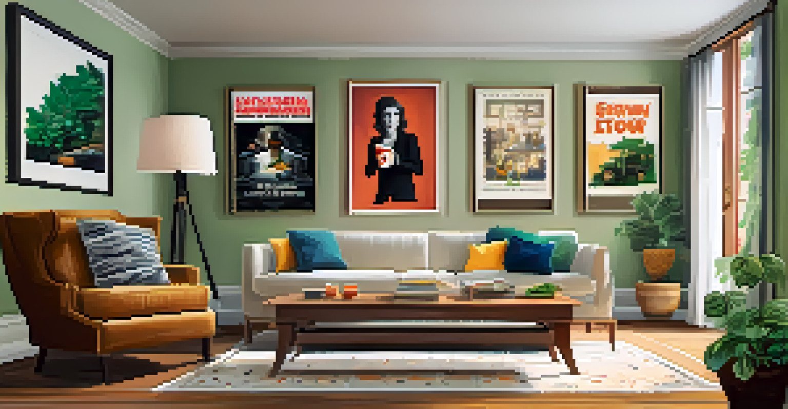 A personal entertainment space with movie-themed wall art, books, and a cozy reading nook.