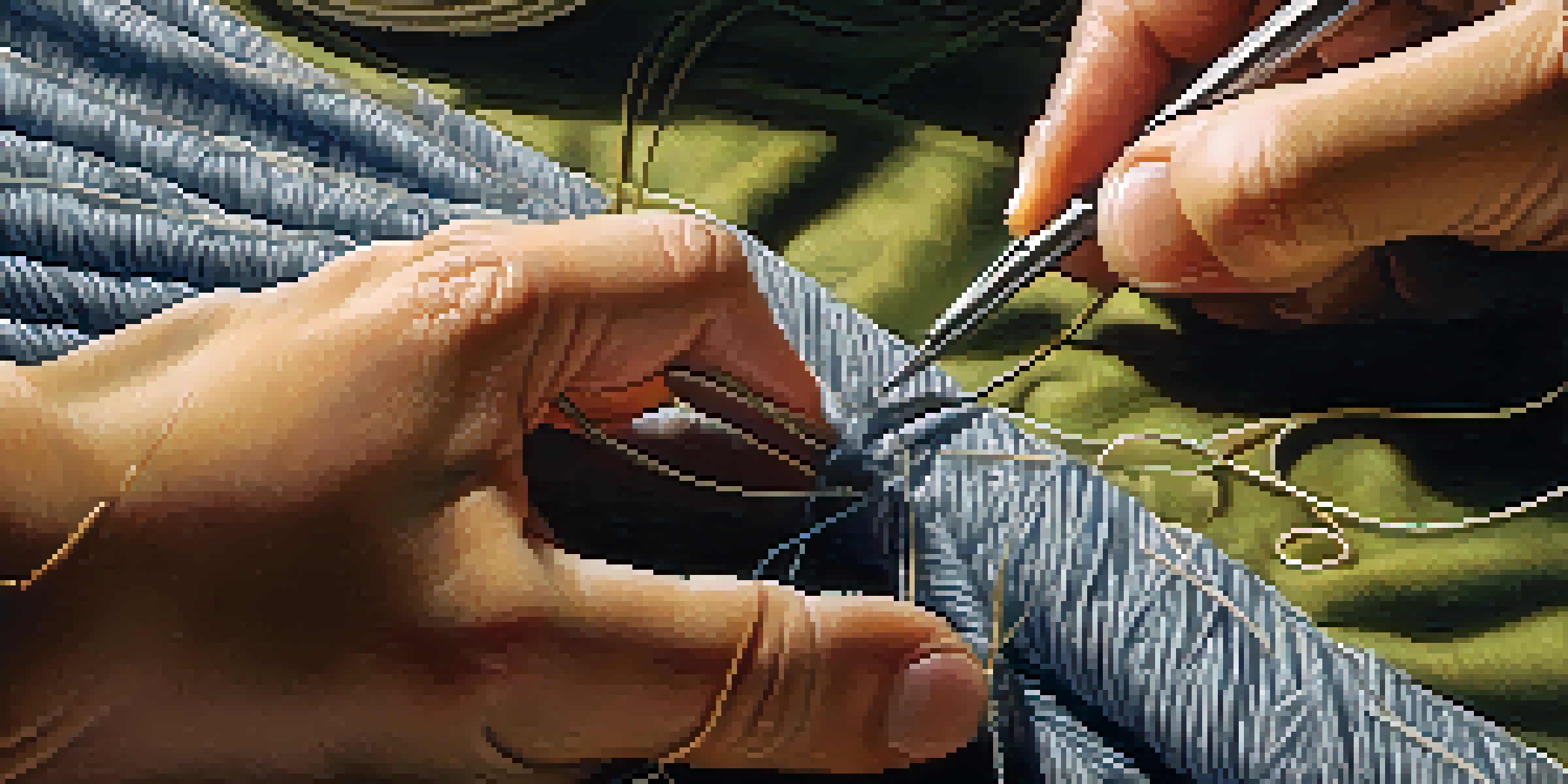 A tailor's hands stitching fine wool fabric with various tailoring tools in the background.