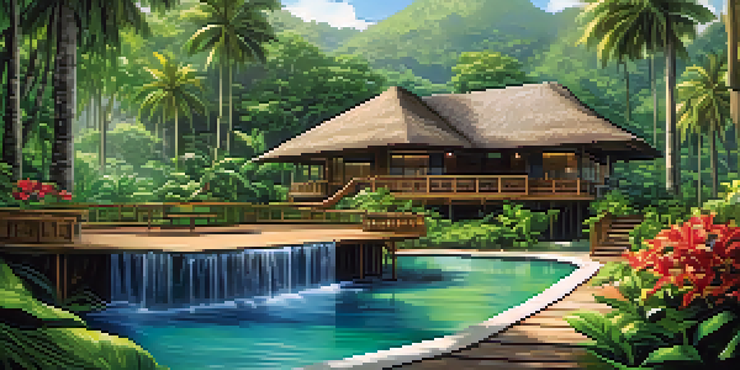 A picturesque eco-resort in a tropical rainforest with wooden bungalows, vibrant foliage, and a waterfall.