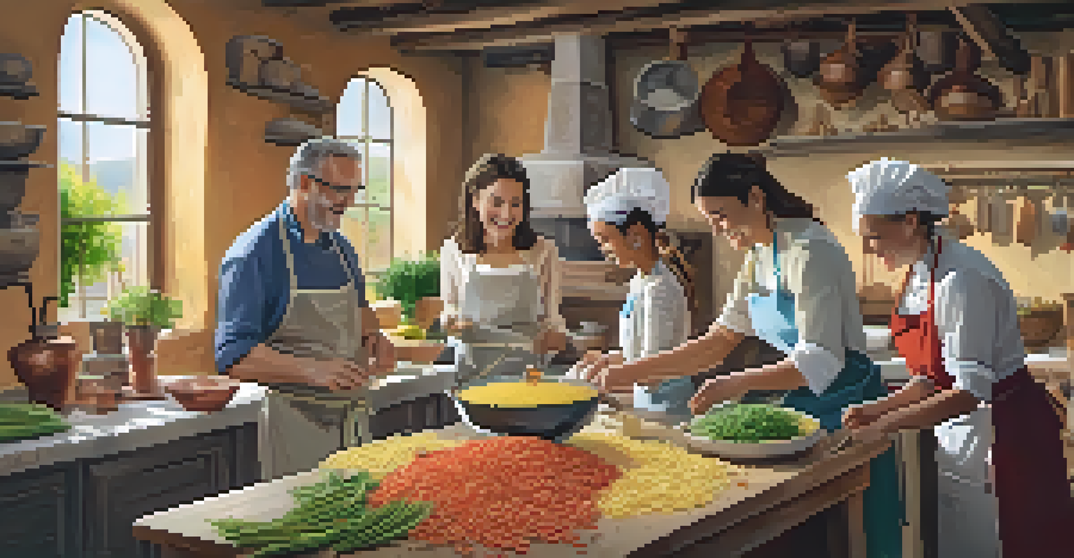 A family participating in a cooking class in Tuscany, learning to make pasta with a local chef among colorful ingredients.