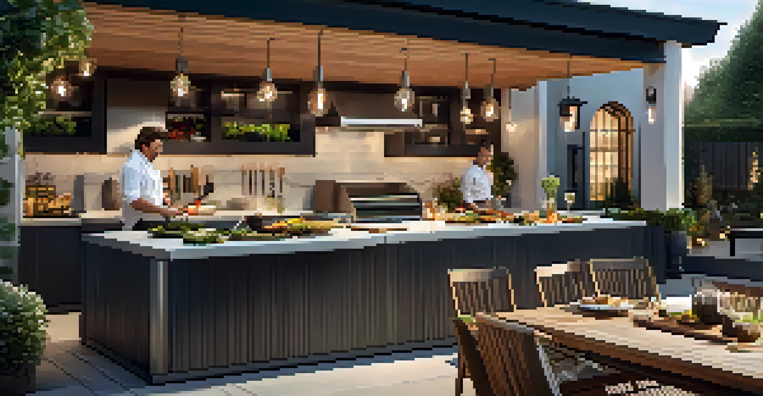 An outdoor kitchen with smart grills, a chef grilling, and guests gathered around under string lights.