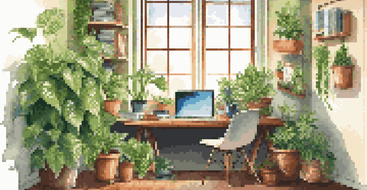 A colorful office corner with a Pothos plant cascading from a hanging planter, a cluttered desk, and warm sunlight illuminating the scene.