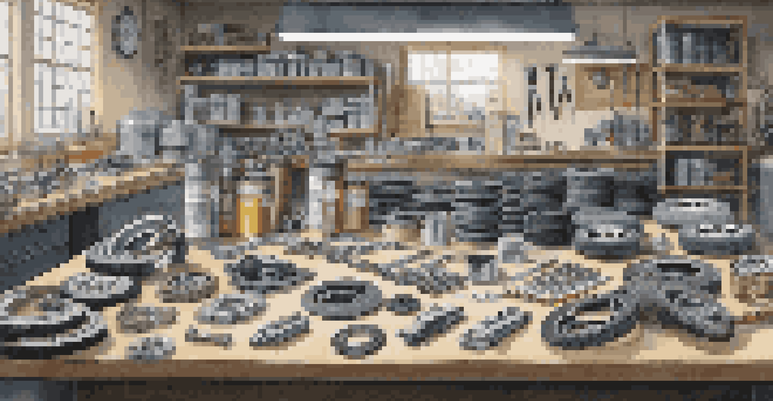 Premium car parts organized on a workbench, showcasing their quality and specifications in a well-lit workshop.