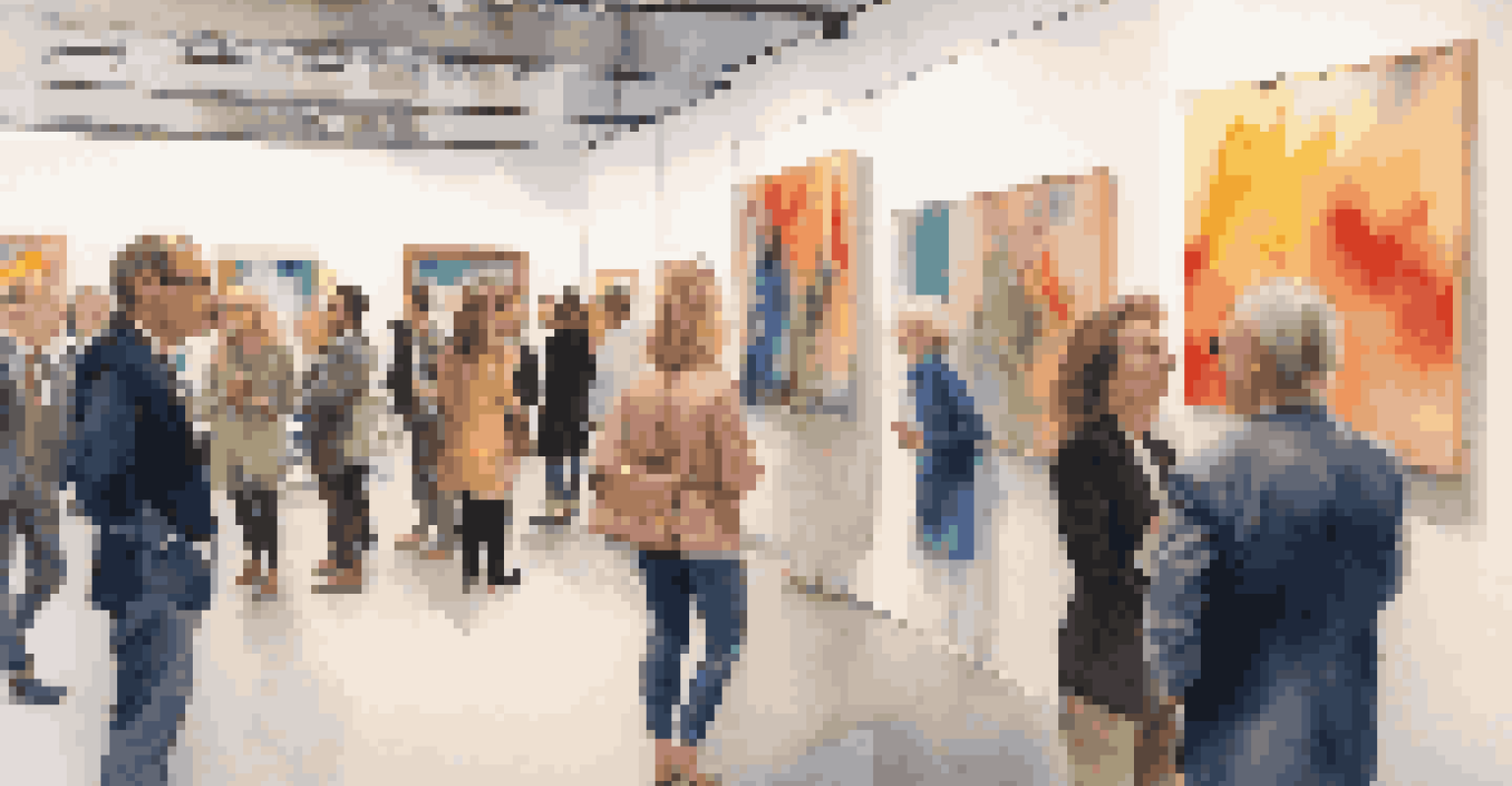 A close-up of a colorful abstract painting on display at a luxury art fair, with art critics and collectors discussing the artwork in the background.