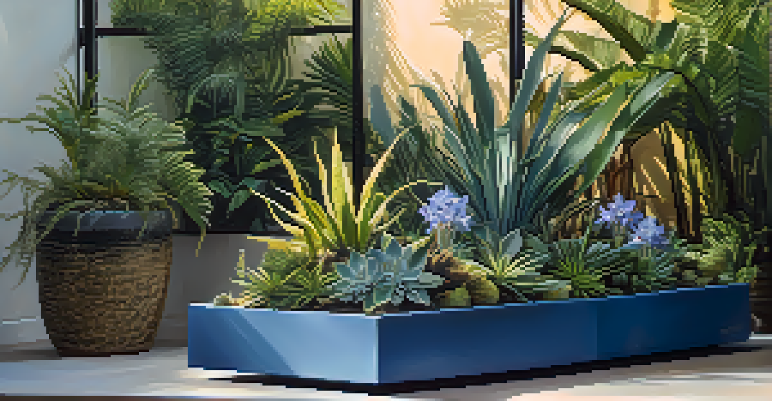 A garden featuring unique exotic plants including the Blue Vanda orchid, oversized planters, and contrasting textures of foliage, illuminated by warm golden hour light.