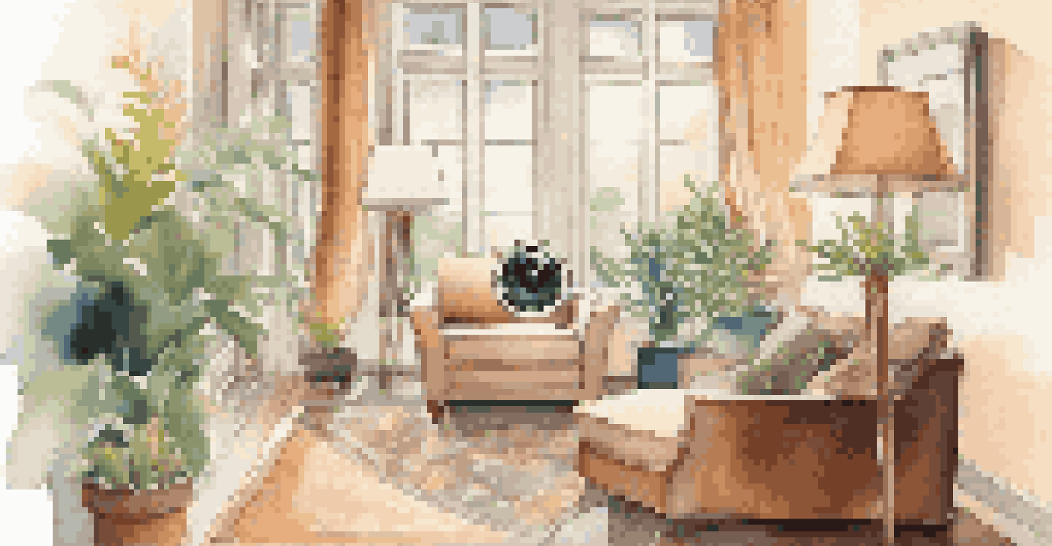 An indoor security camera in a living room, surrounded by comfortable furniture and plants, illuminated by natural light.