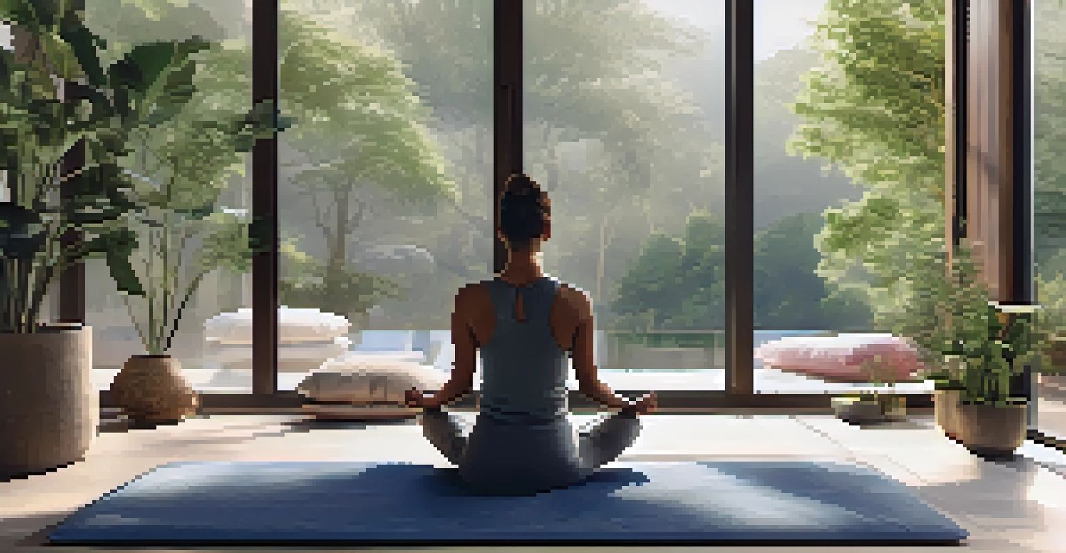 A cozy meditation space with a person meditating on a mat, surrounded by soft cushions and plants, with a view of nature through large windows.