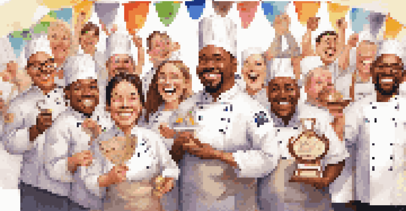 A joyful group of diverse chefs celebrating with their awards in a colorful competition setting.