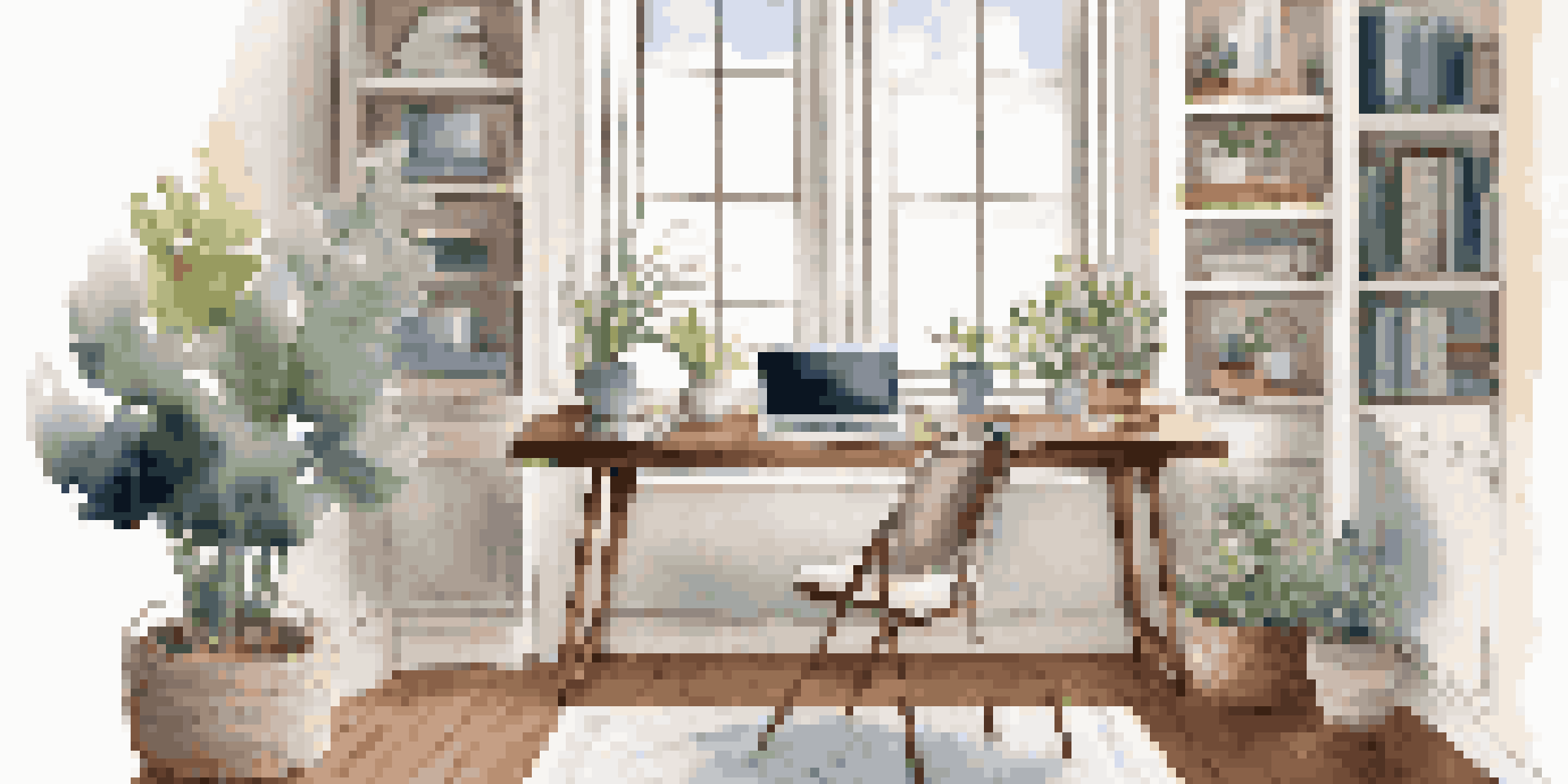 A cozy home office with a laptop, plants, and soft lighting, designed for relaxation.