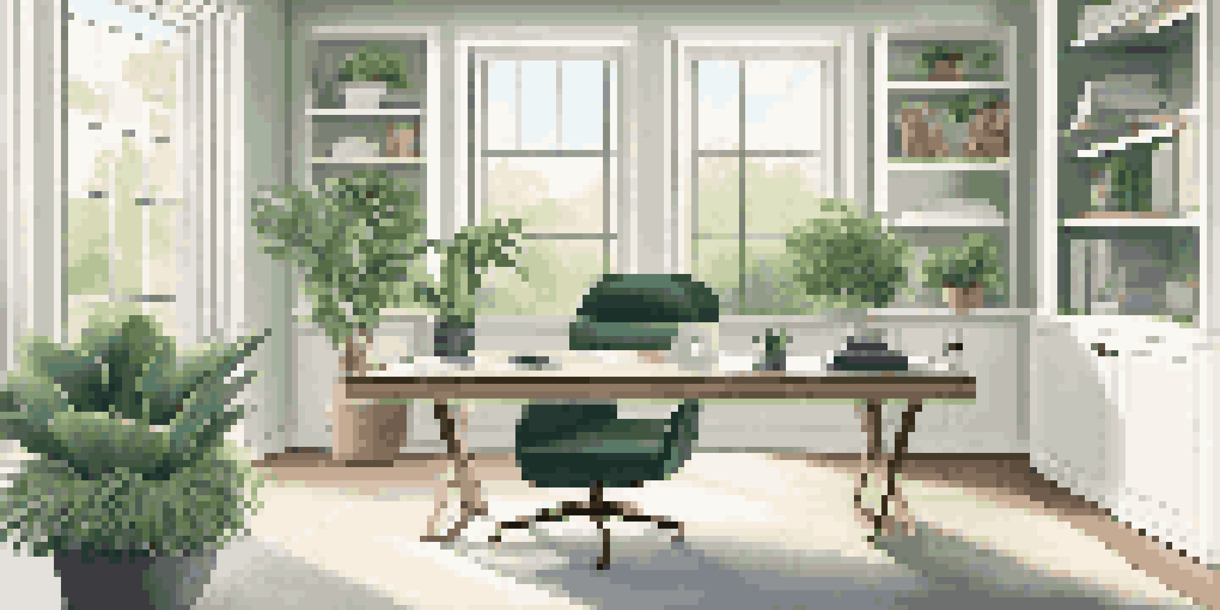 A modern luxury home office with a spacious desk, large windows, plants, and a serene garden view.