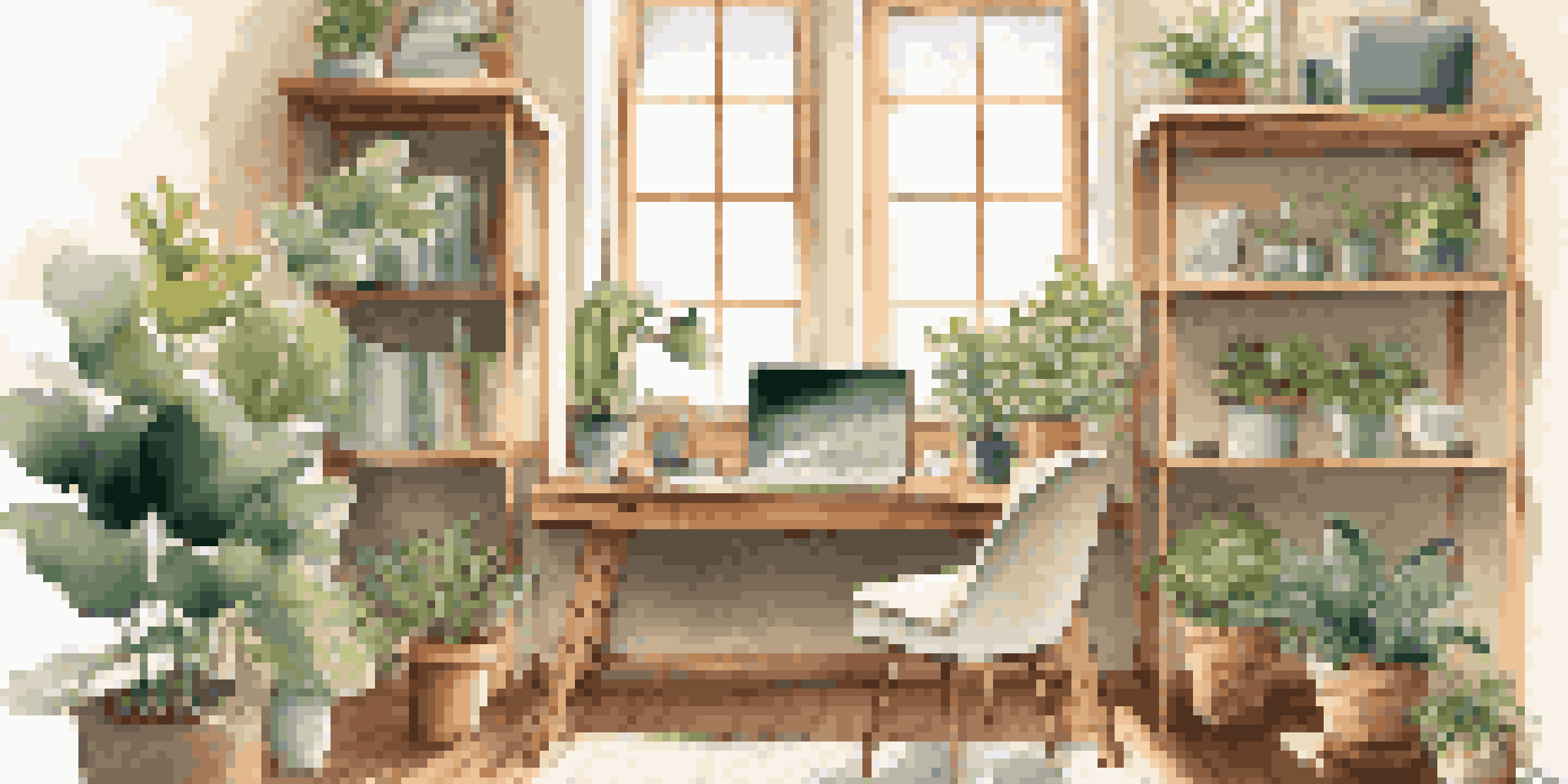 A cozy home office with a wooden desk, laptop, ergonomic chair, and plants, illuminated by natural light.