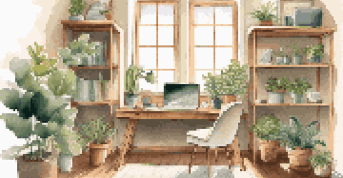 A cozy home office with a wooden desk, laptop, ergonomic chair, and plants, illuminated by natural light.