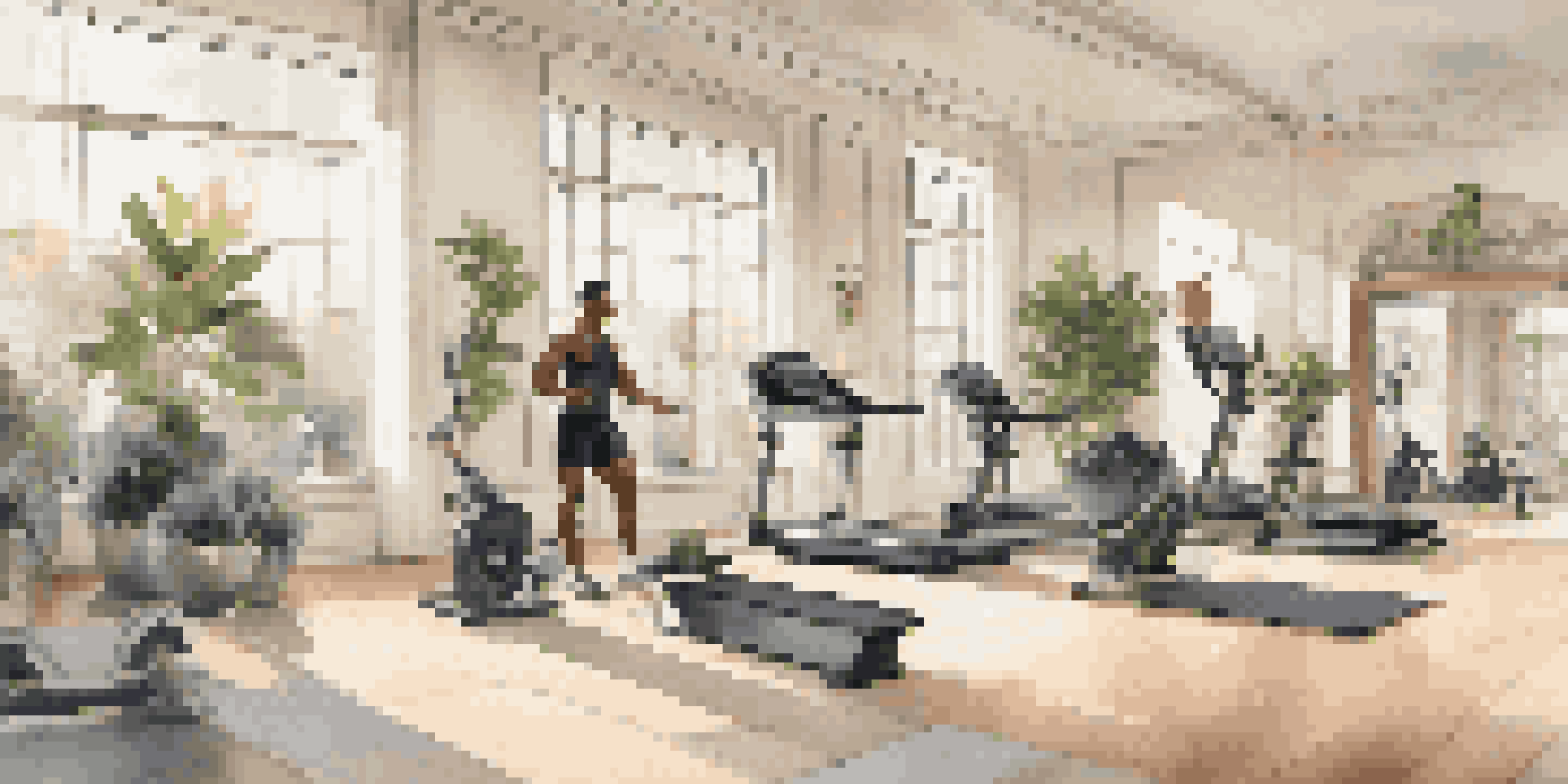 A personal trainer assisting a client in an upscale gym filled with modern equipment and natural light.