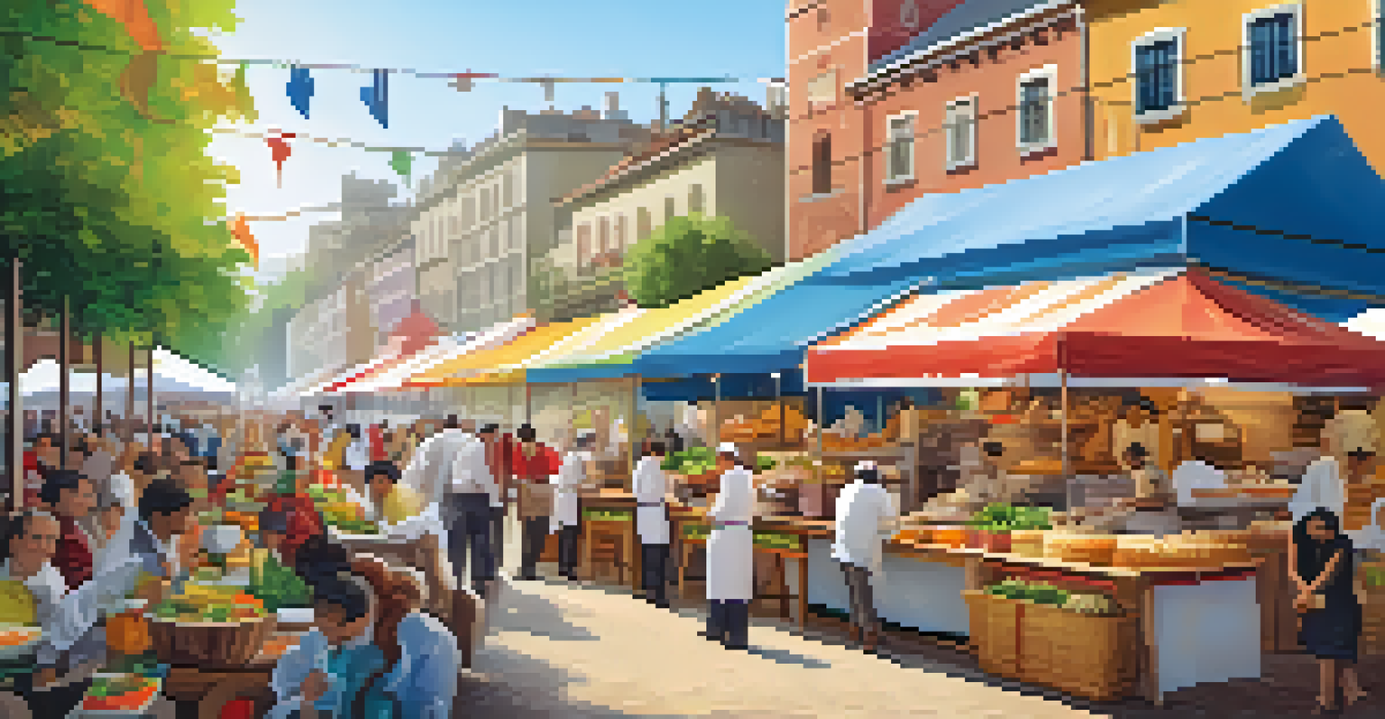 A lively food festival with colorful stalls and chefs preparing local dishes for visitors.