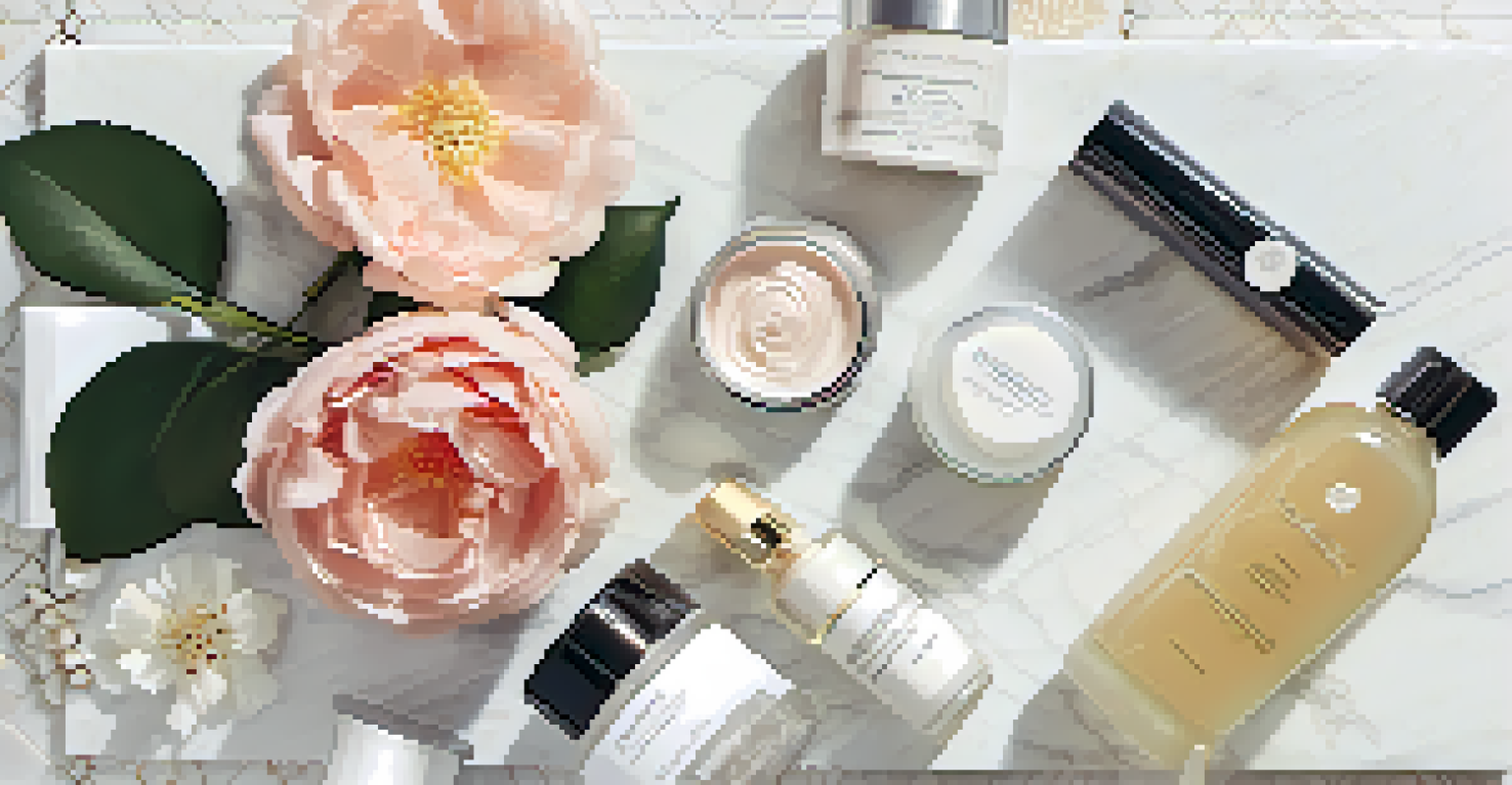 A flat lay of luxury skincare products on a marble surface, complemented by flowers and a magazine, in soft natural lighting.