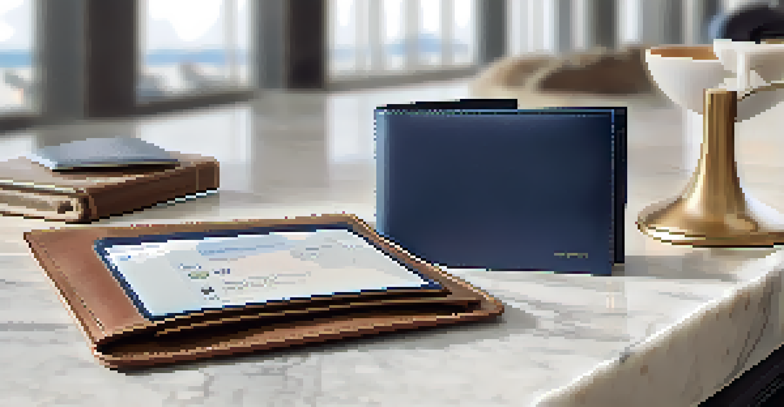 An organized travel setup with a monogrammed passport holder and travel wallet against a softly blurred airport background.